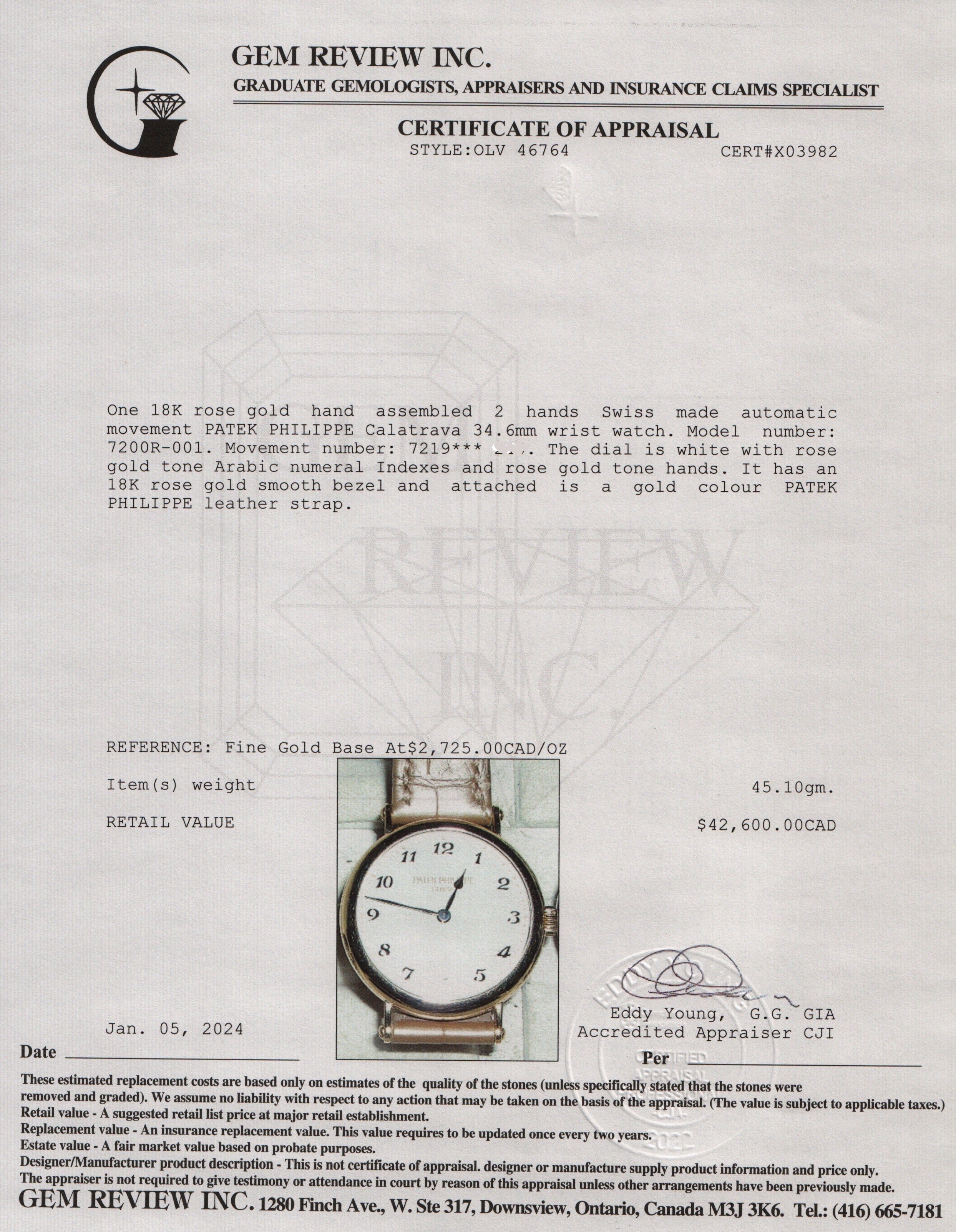 Patek Philippe 18k Rose Gold Calatrava 34.6 MM Watch w/ Box, Papers, Extra Straps