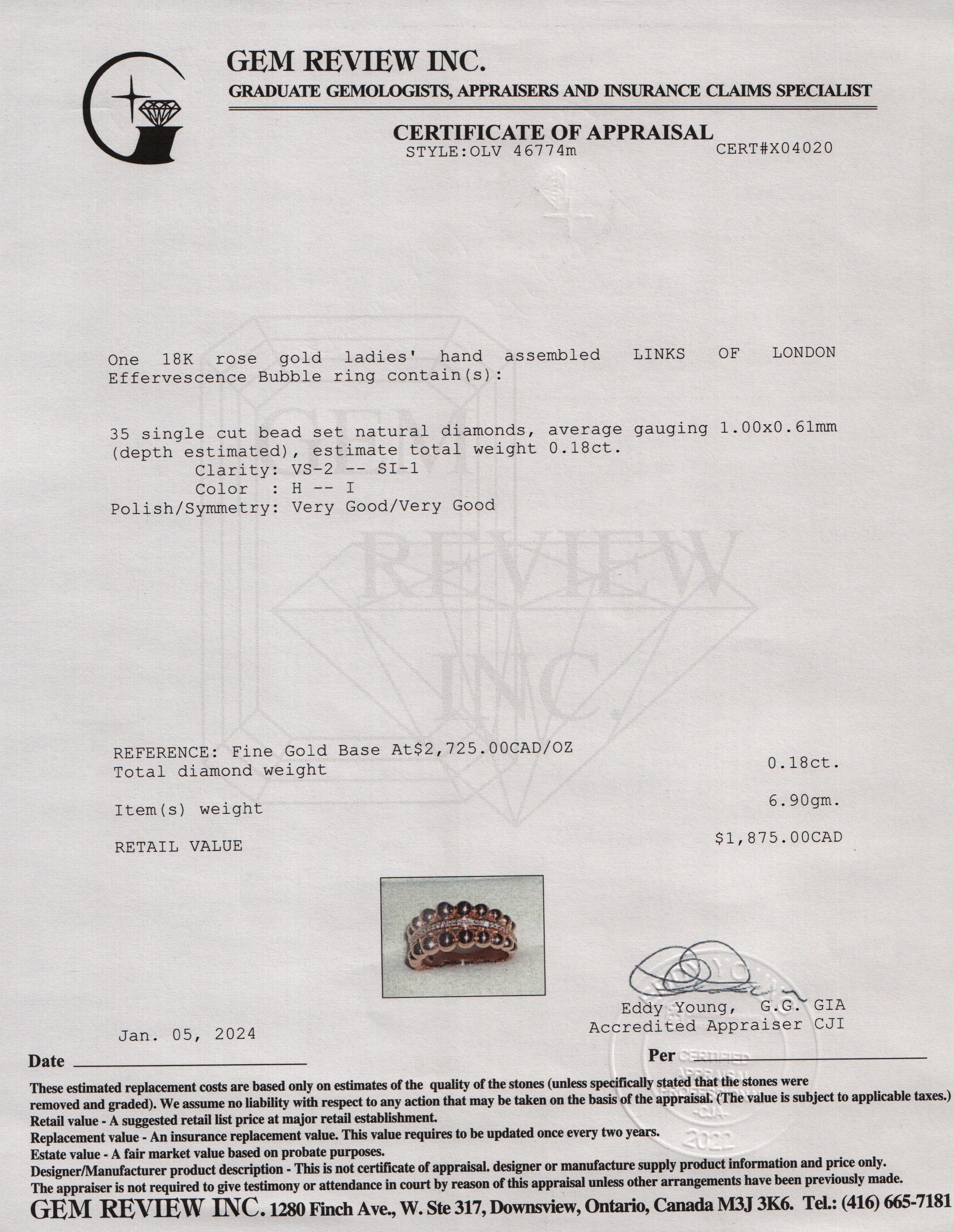 Links of London 18k Rose Gold Effervescence Diamond Bubble Ring, Size 4.75