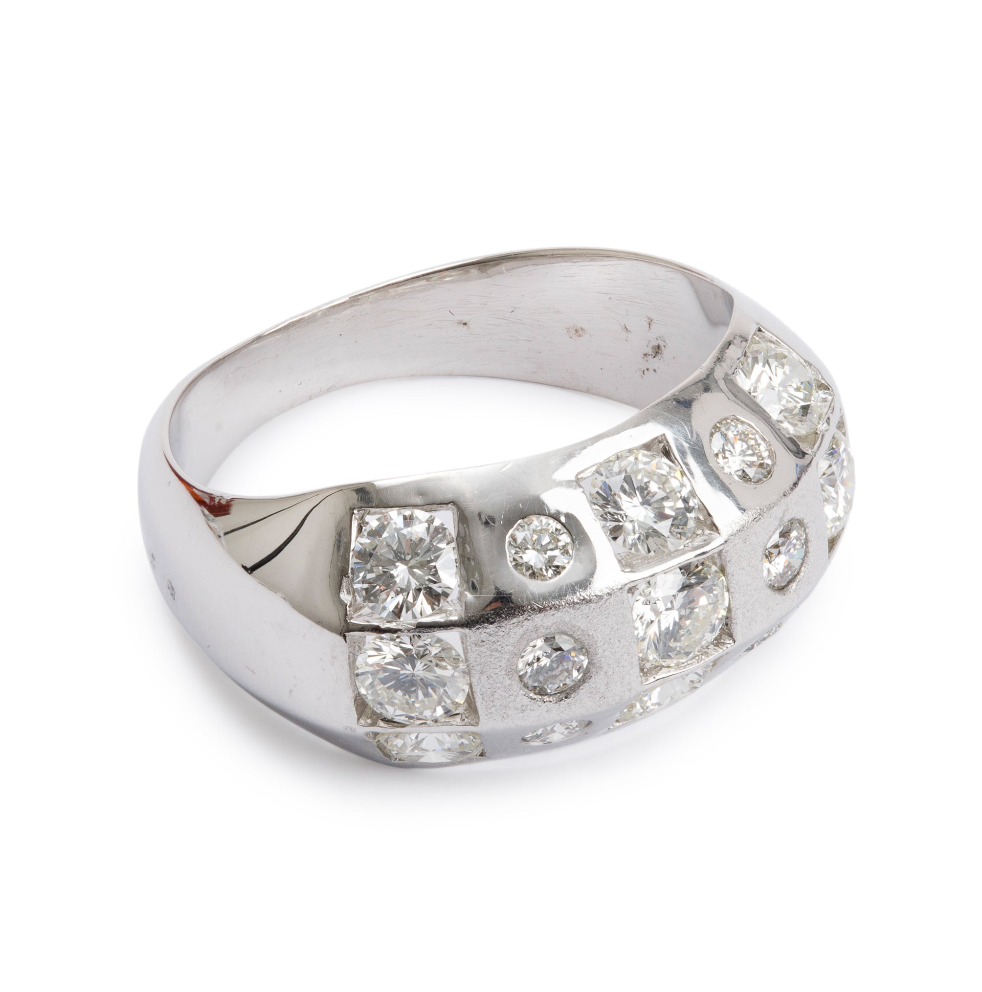 18k White Gold Three-Row Diamond Band Ring, Size 5.75