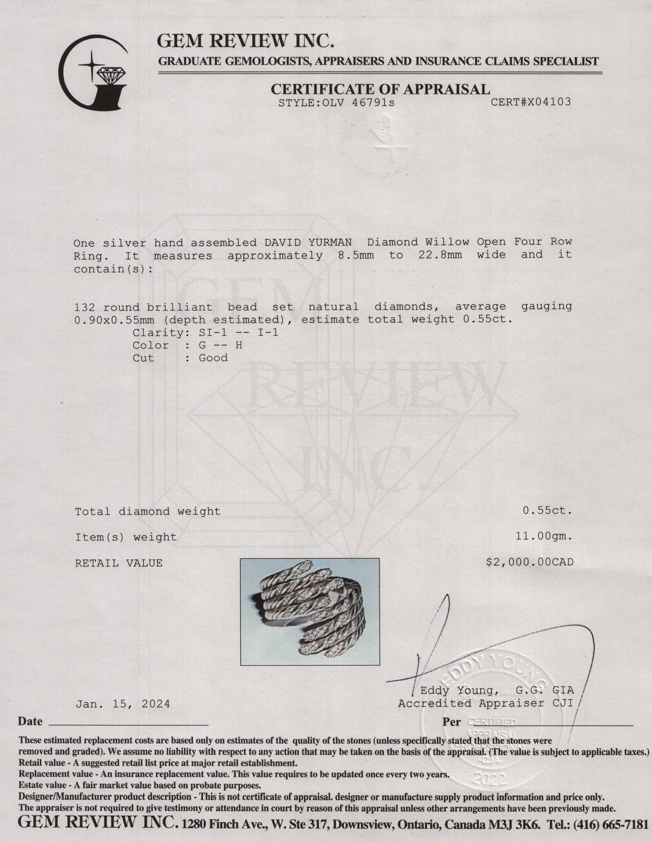 David Yurman Sterling Silver Diamond Willow Open Four-Row Ring, Size 8