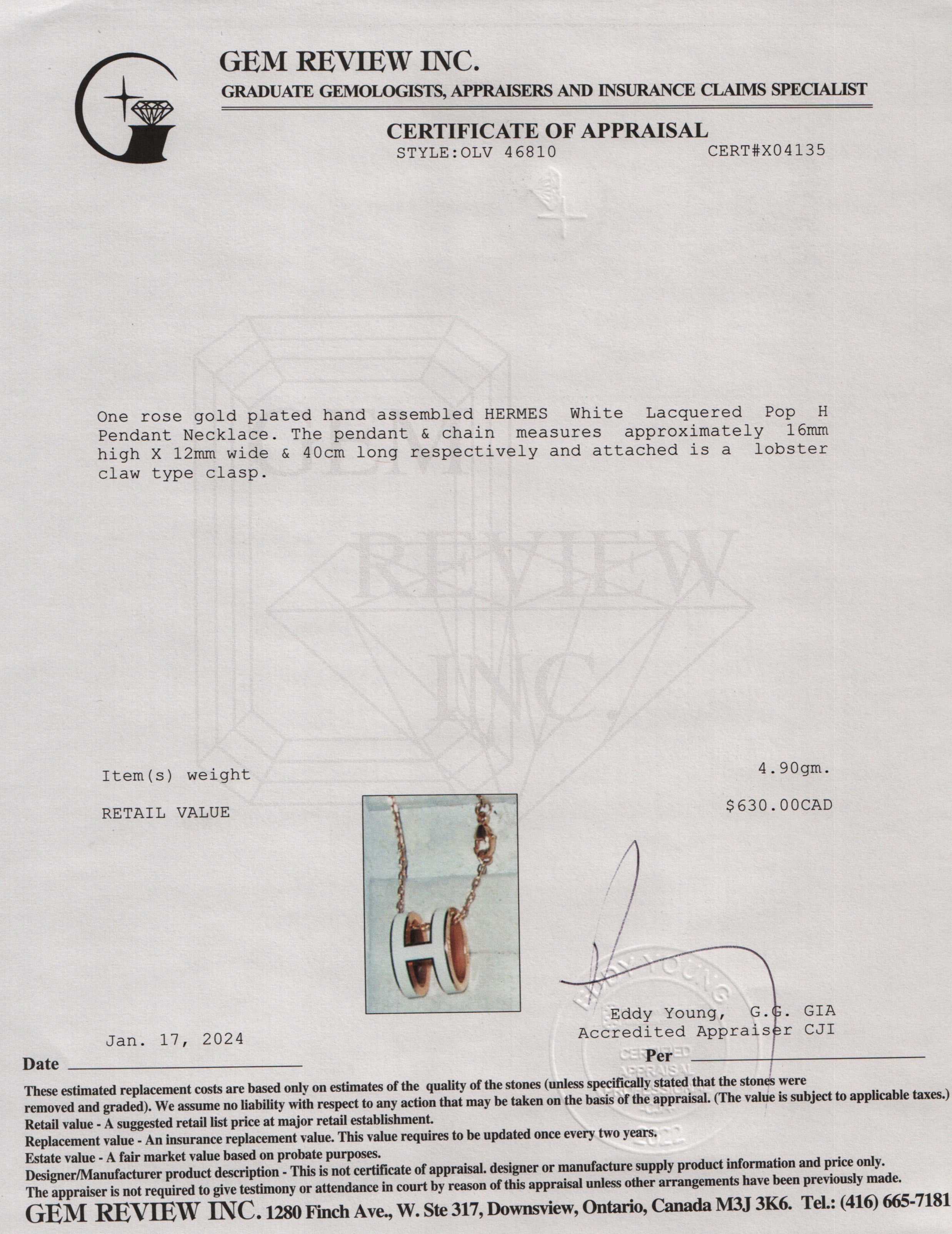 Hermes Rose Gold-Plated White Lacquered Pop H Pendant Necklace