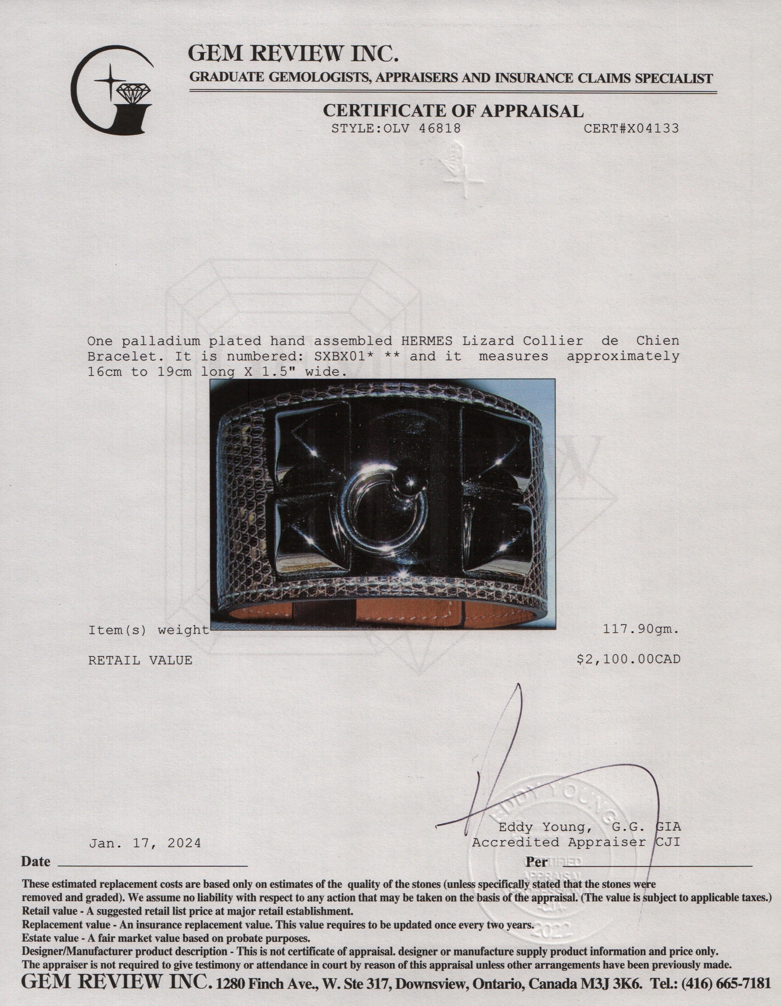 Hermes Palladium Plated Lizard Collier de Chien Bracelet