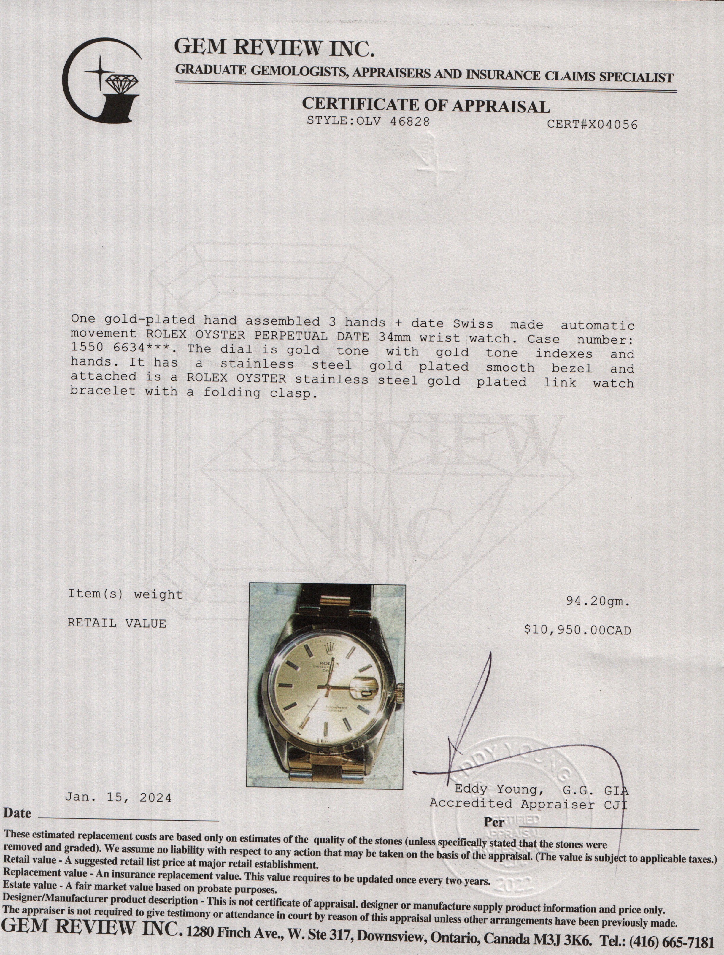 Rolex Vintage Gold-Plated Stainless Steel Oyster Perpetual Date 34 MM Watch w/ Box & Papers