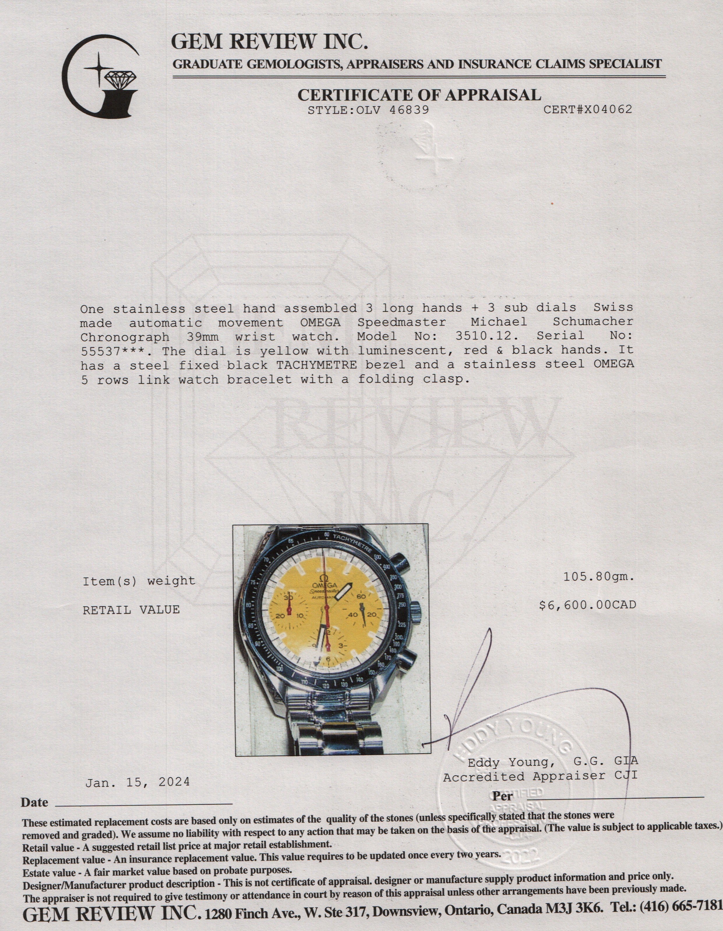 Omega Stainless Steel Speedmaster Reduced Michael Schumacher 39 MM Automatic Chronograph Watch w/ Box