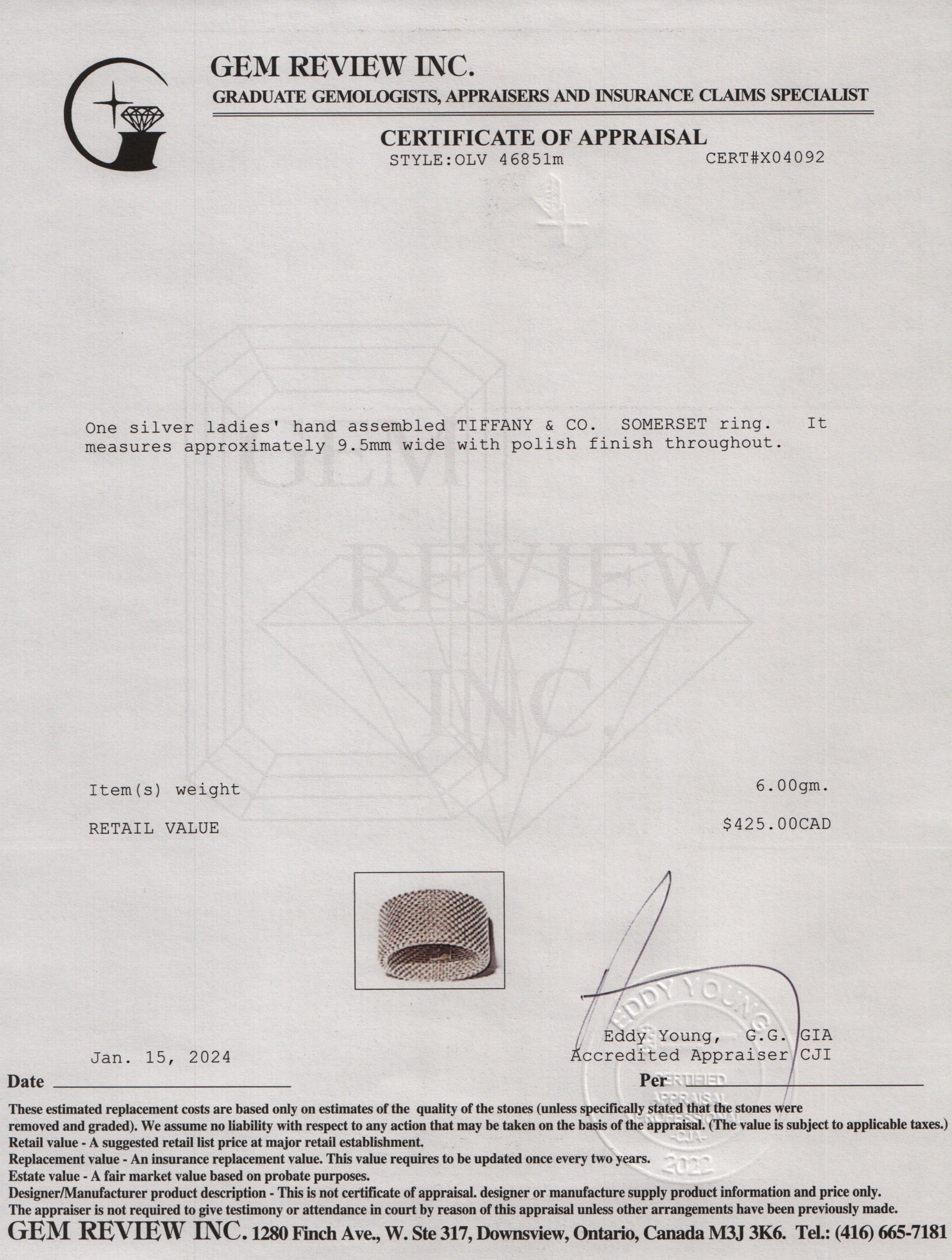 Tiffany & Co. Sterling Silver Somerset Mesh Ring, Size 4.25