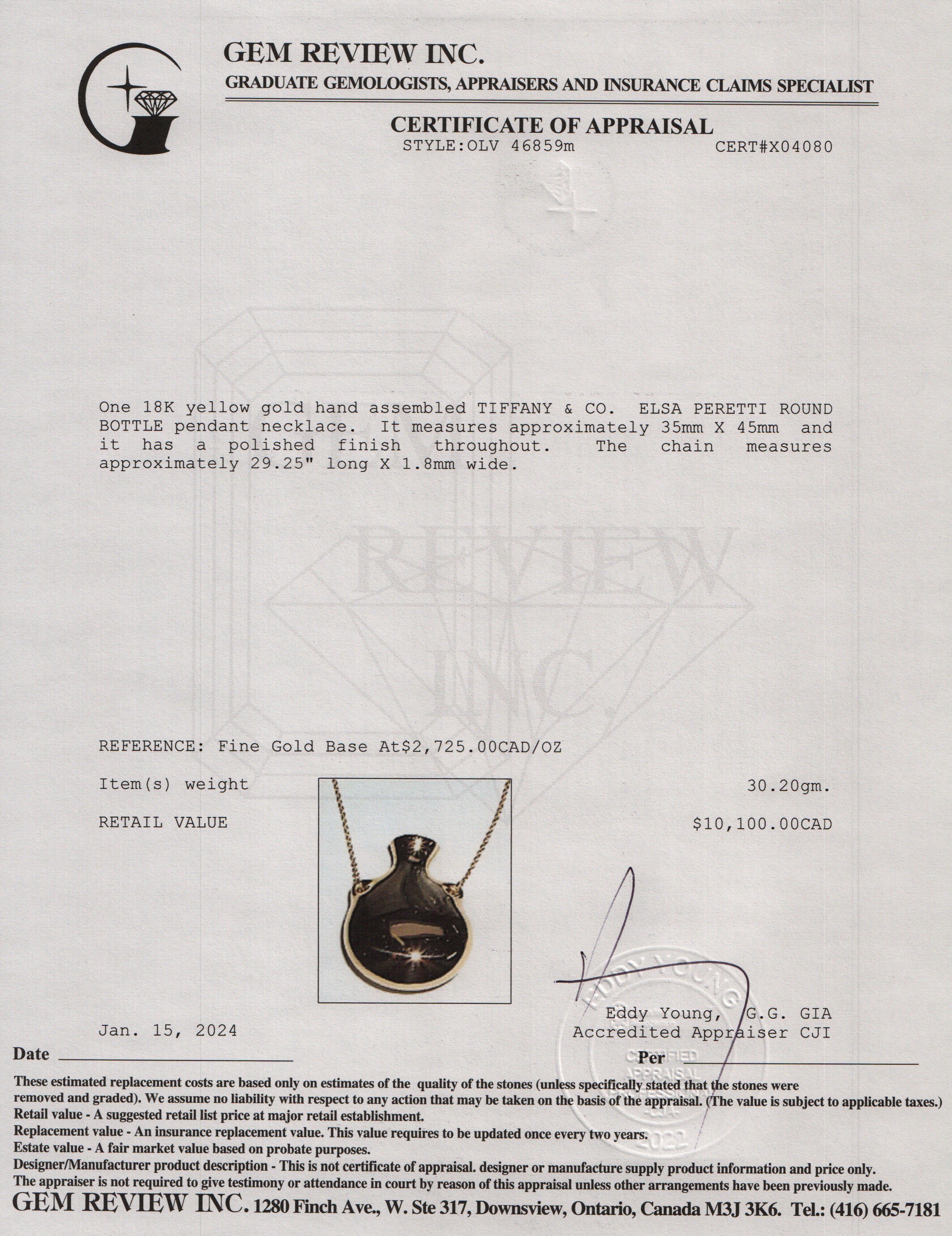 Tiffany & Co. Elsa Peretti 18k Yellow Gold Large Open Bottle Pendant Necklace