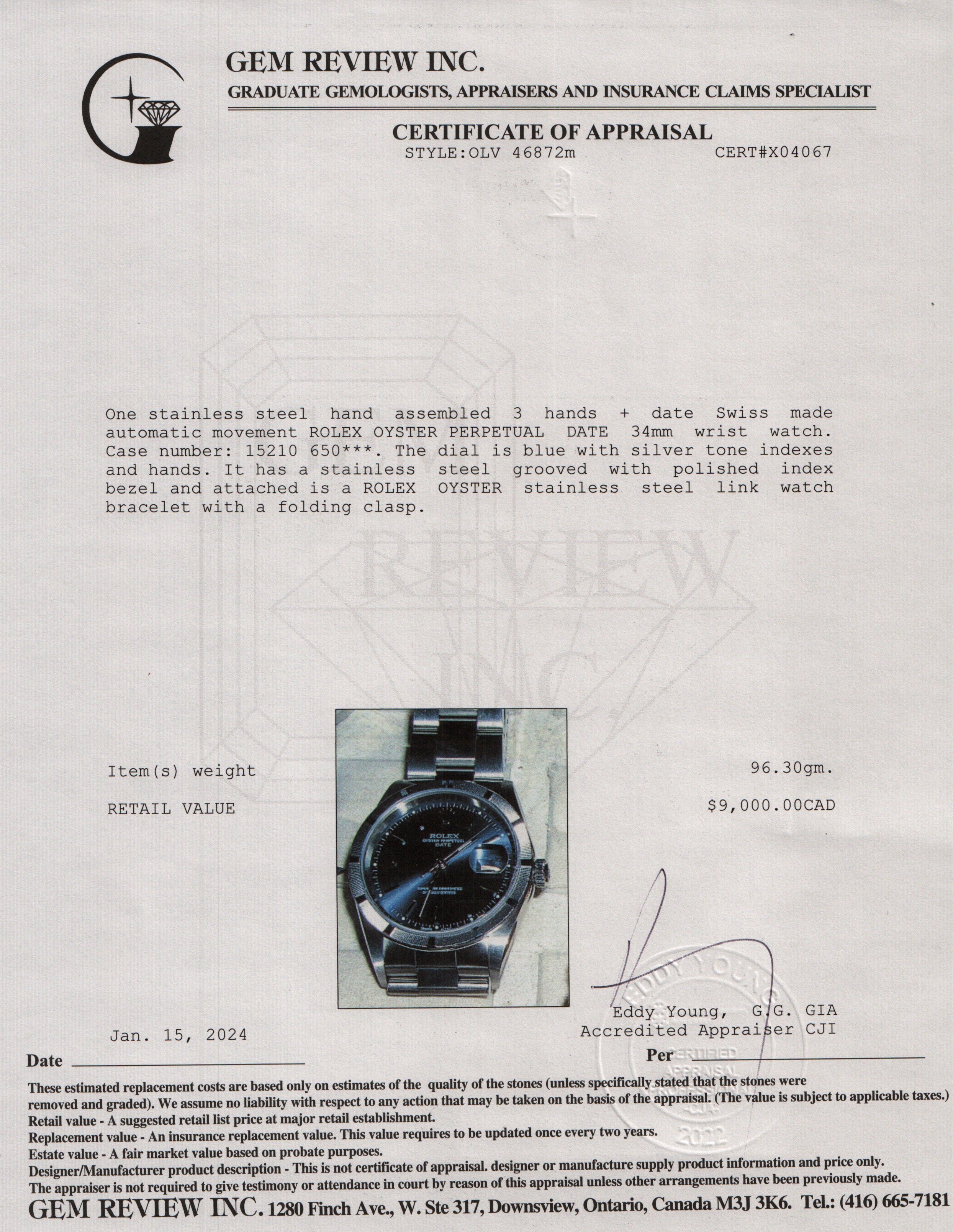 Rolex Stainless Steel Oyster Perpetual Date 34MM Watch