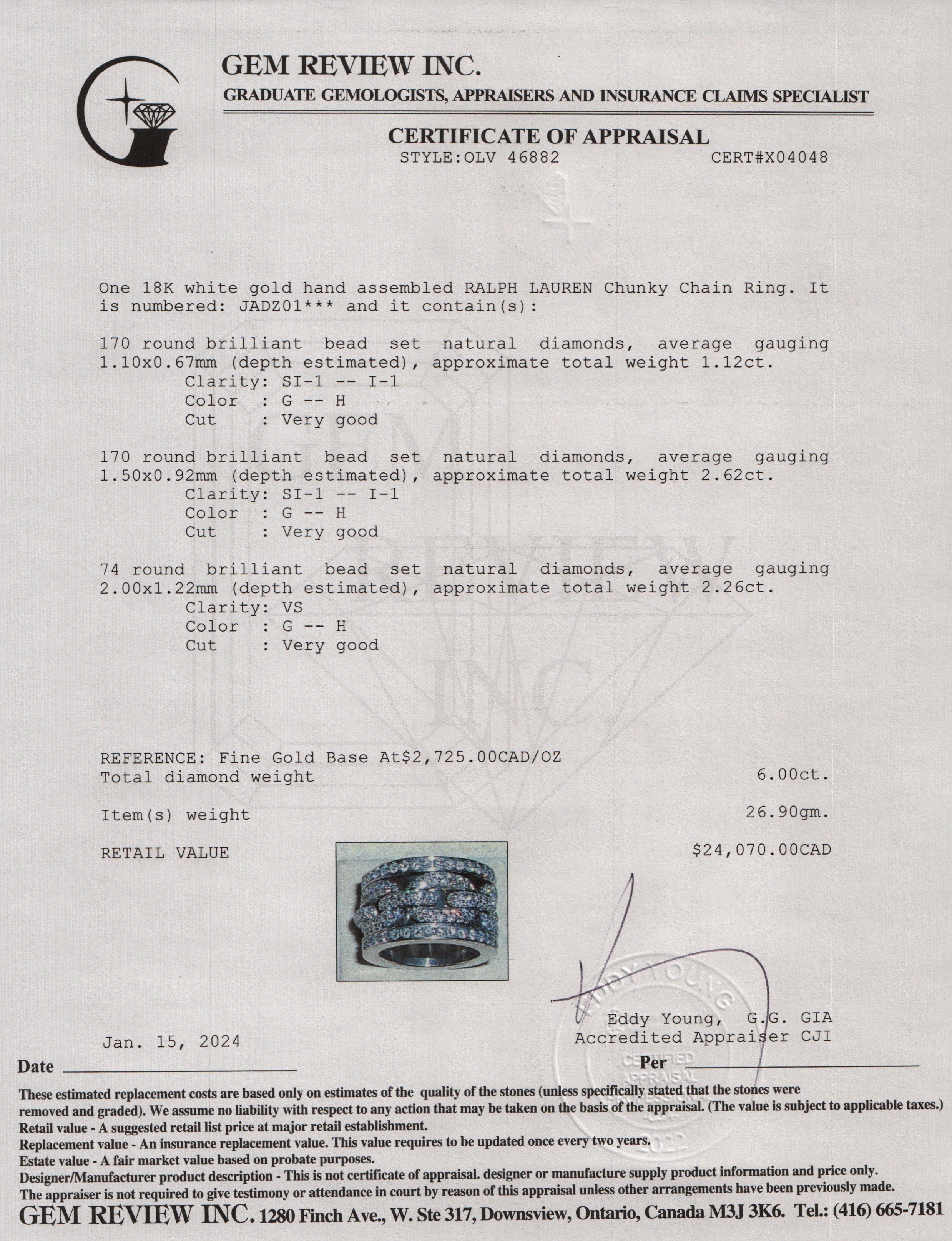 Ralph Lauren 18k White Gold Pave Diamond Chunky Chain Ring, Size 8