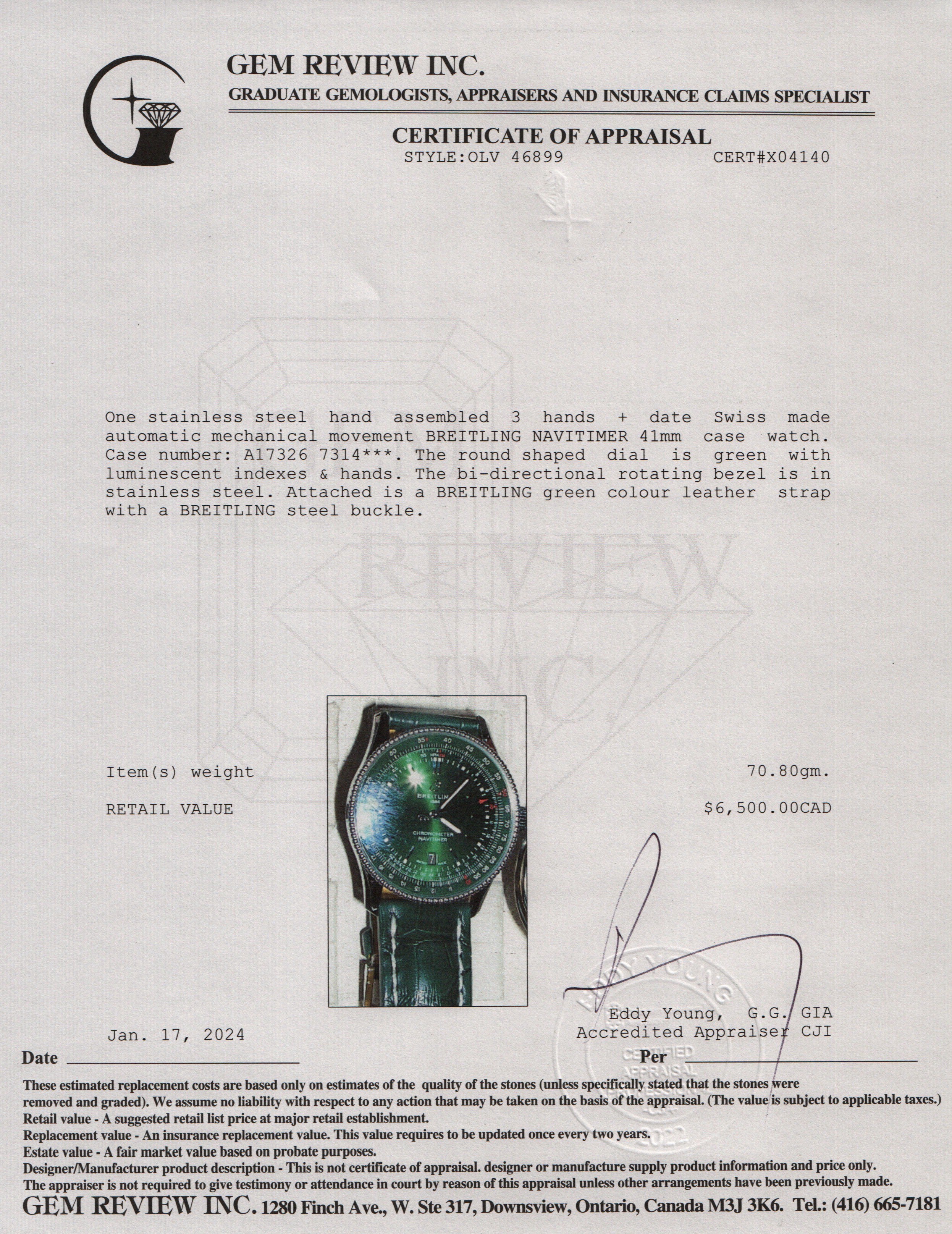 Breitling Stainless Steel Navitimer 41 MM Automatic Watch w/ Box