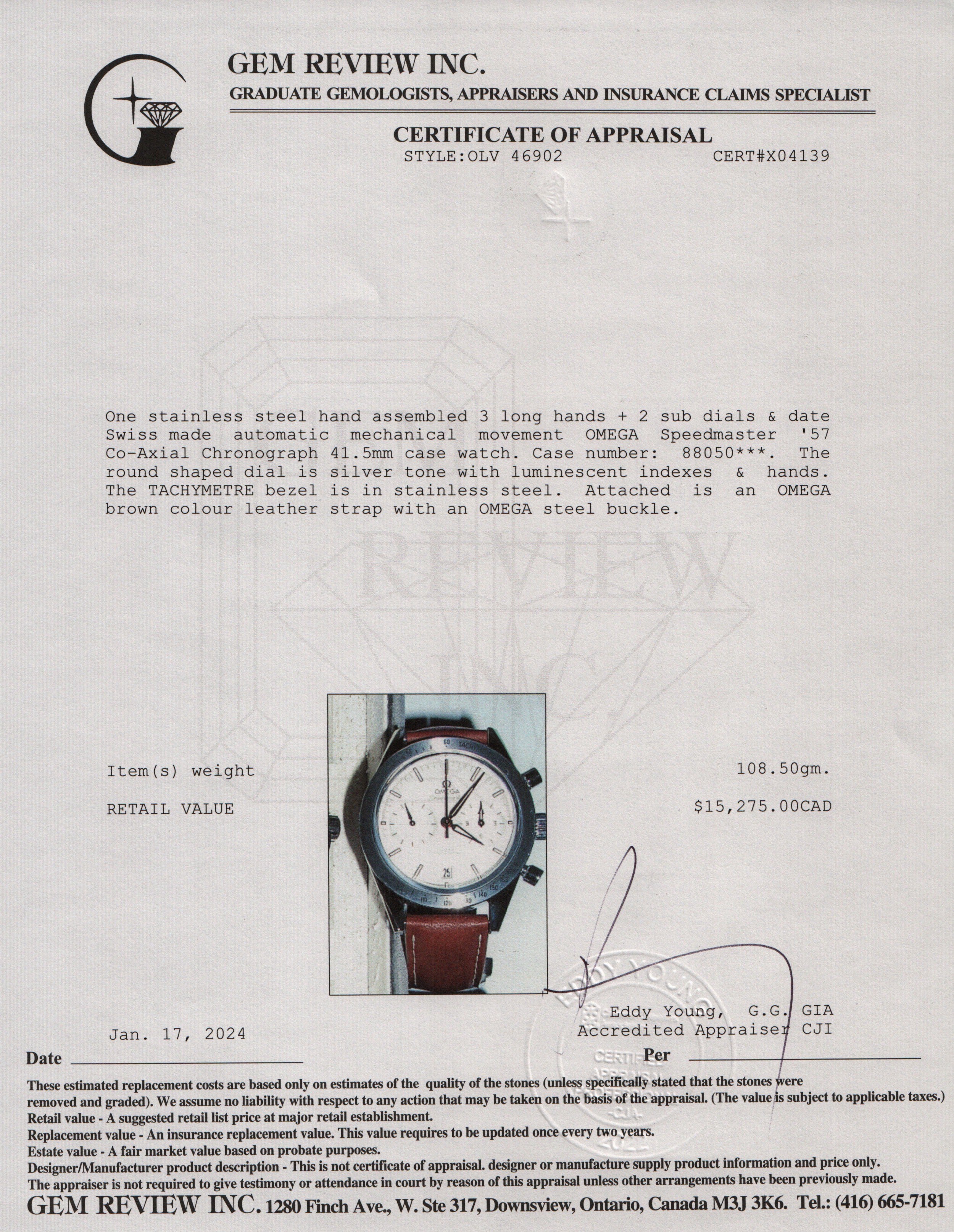 Omega Stainless Steel Speedmaster '57 41.5 MM Co-Axial Chronograph Automatic Watch w/ Box