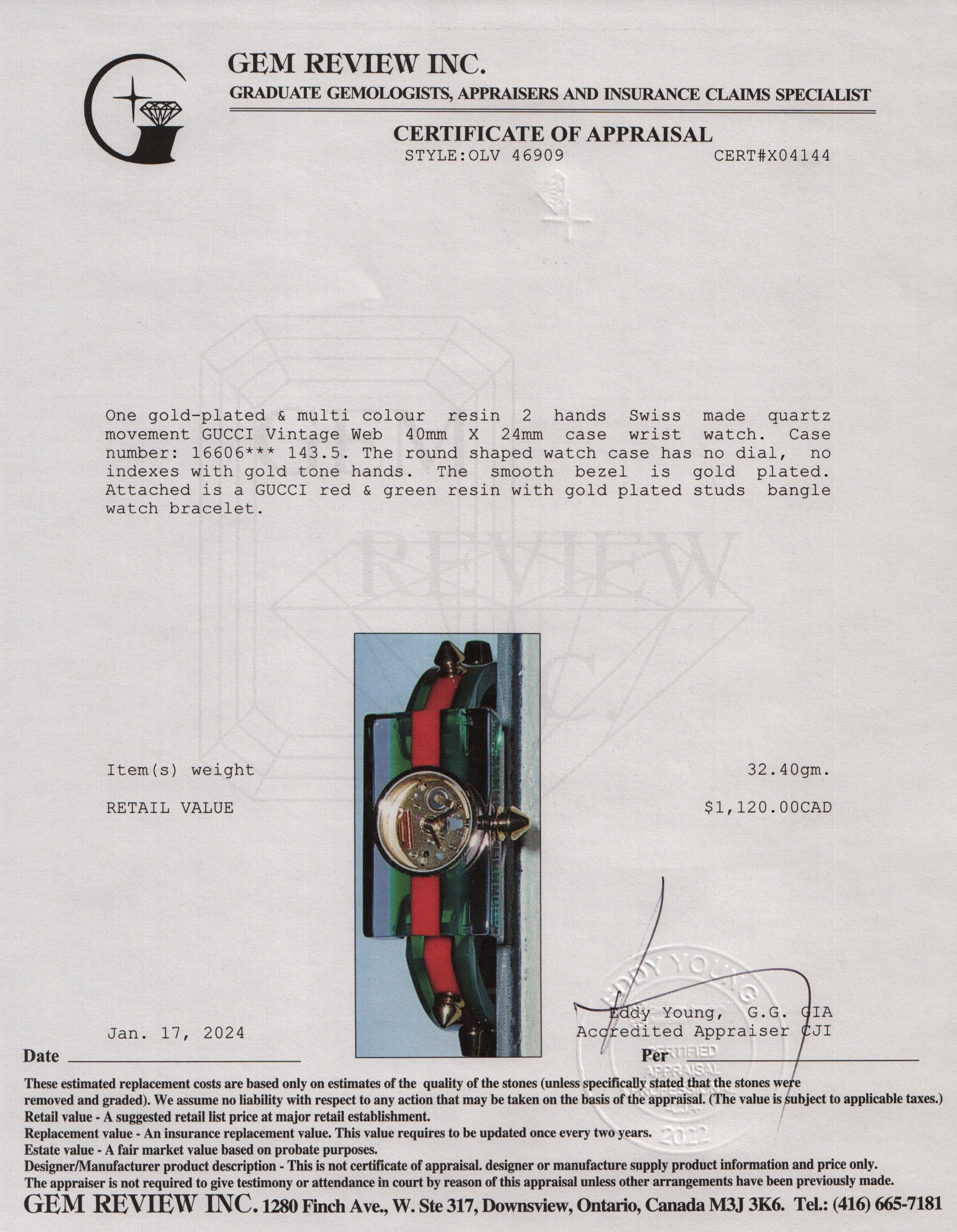 Gucci Gold Plated Stainless Steel Vintage Green & Red Web Watch w/ Box & Papers