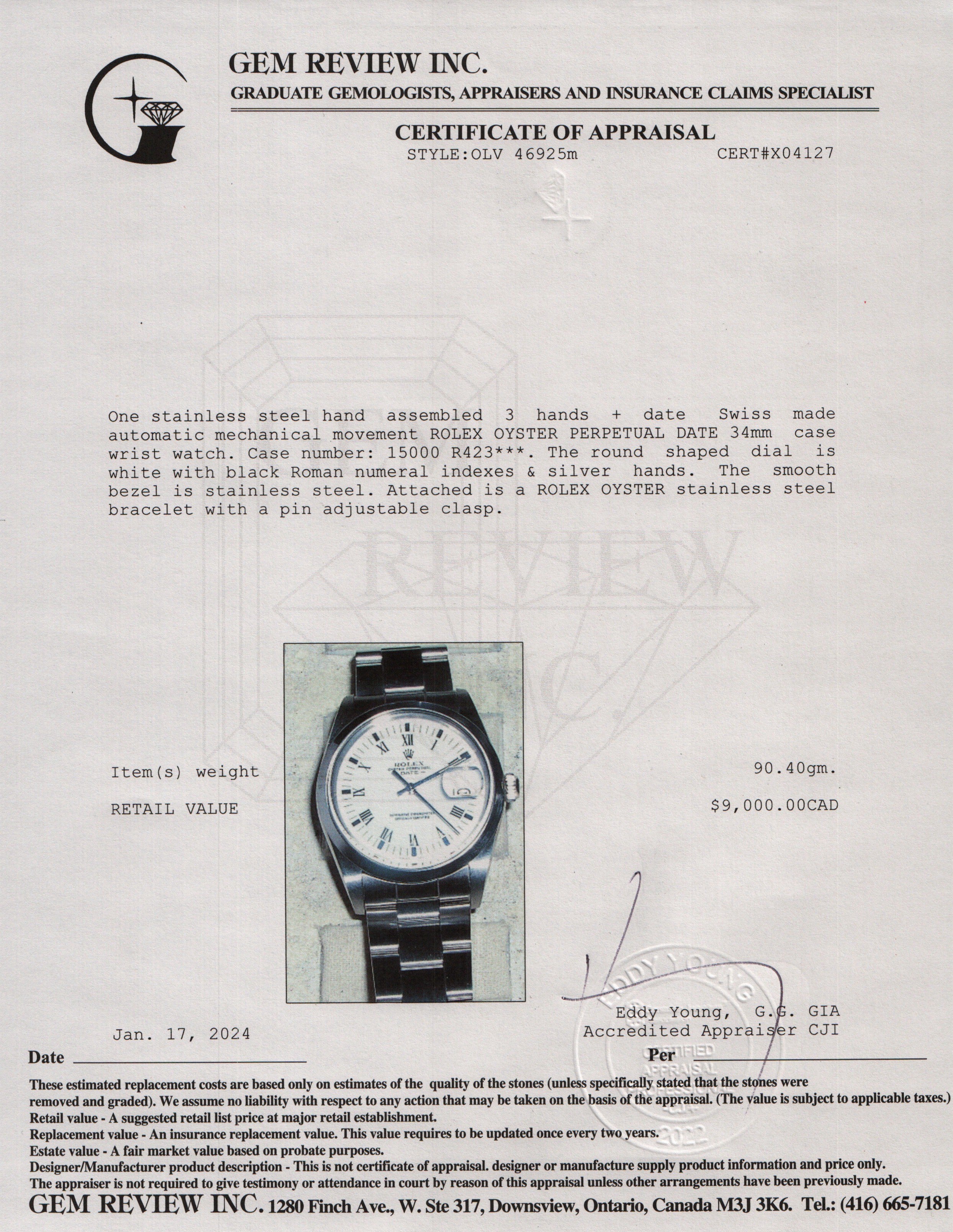 Rolex Stainless Steel Oyster Perpetual Date 34 MM Watch w/ Box & Papers