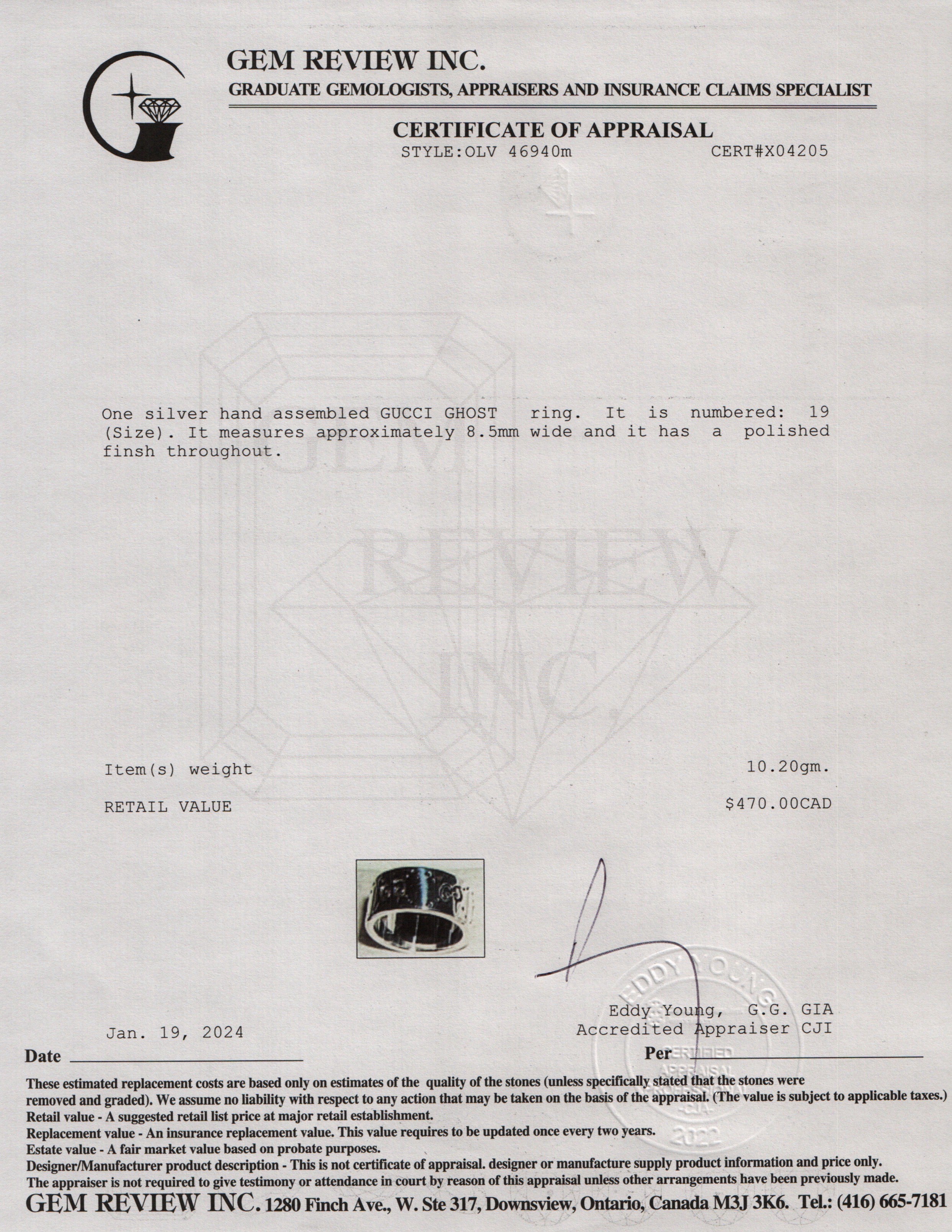 Gucci Sterling Silver Ghost Ring, Size 19 8.75