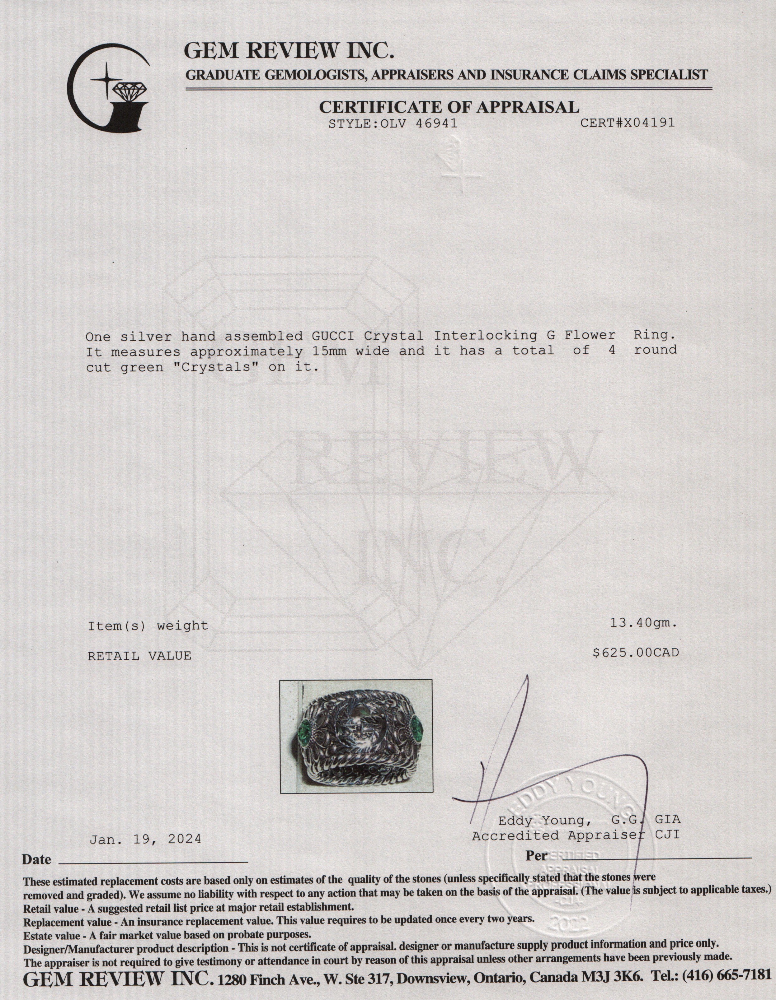 Gucci Sterling Silver Crystal Interlocking G Flower Ring, Size 16 7.5