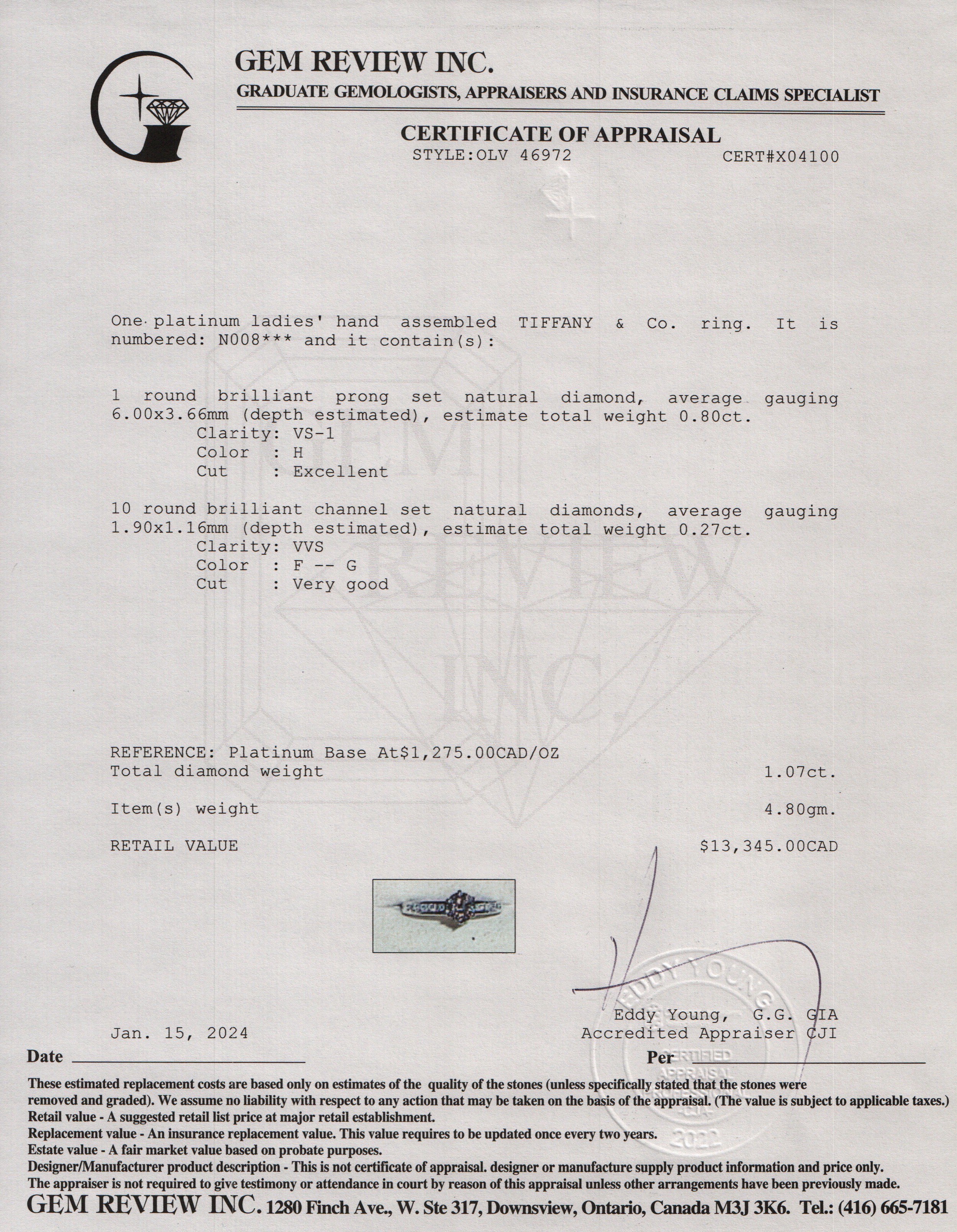 Tiffany & Co. Platinum 0.80 ct. Round Brilliant Cut Diamond Engagement Ring, Size 8