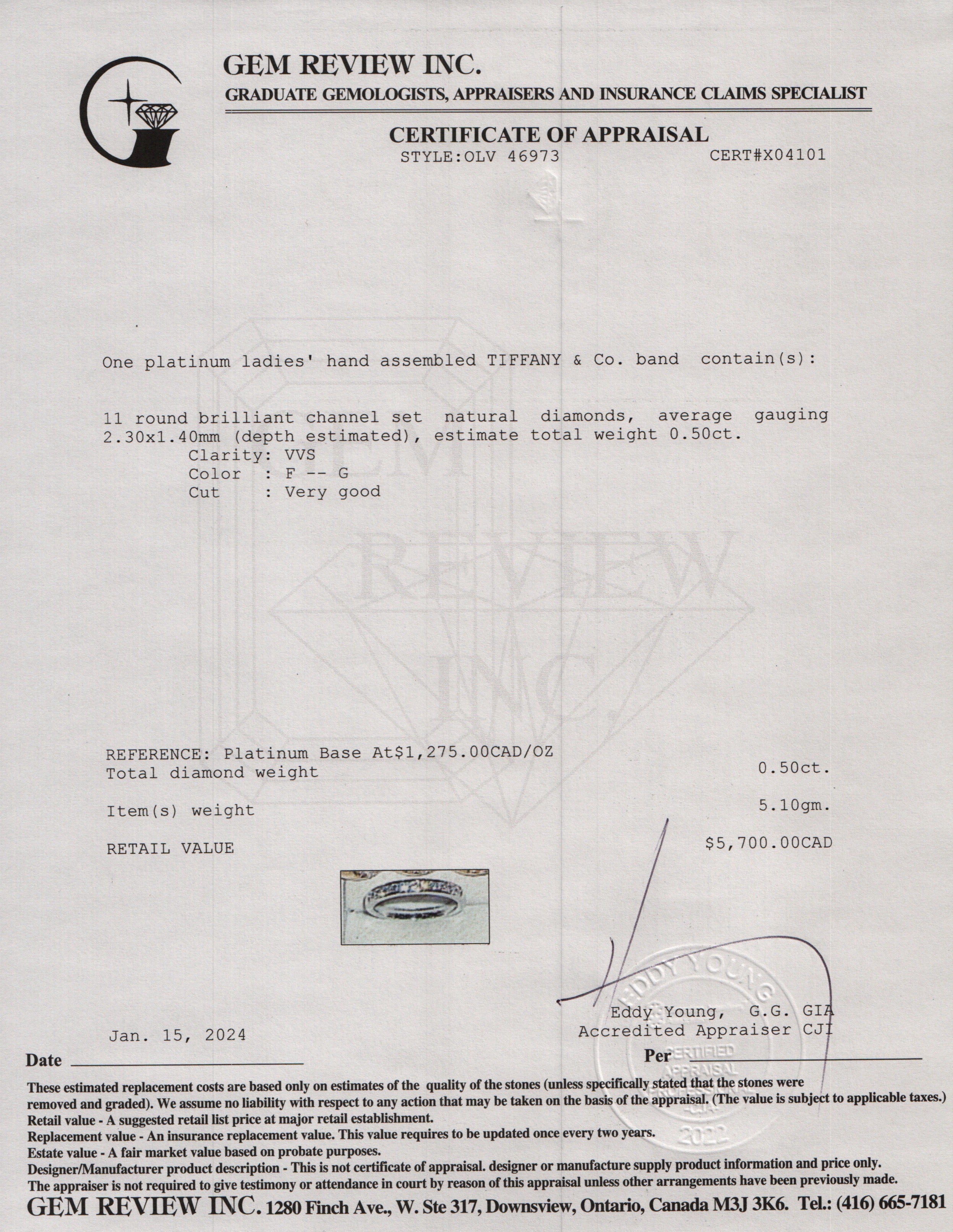 Tiffany & Co. Platinum Half-Circle Diamond 3 MM Wedding Band Ring, Size 8