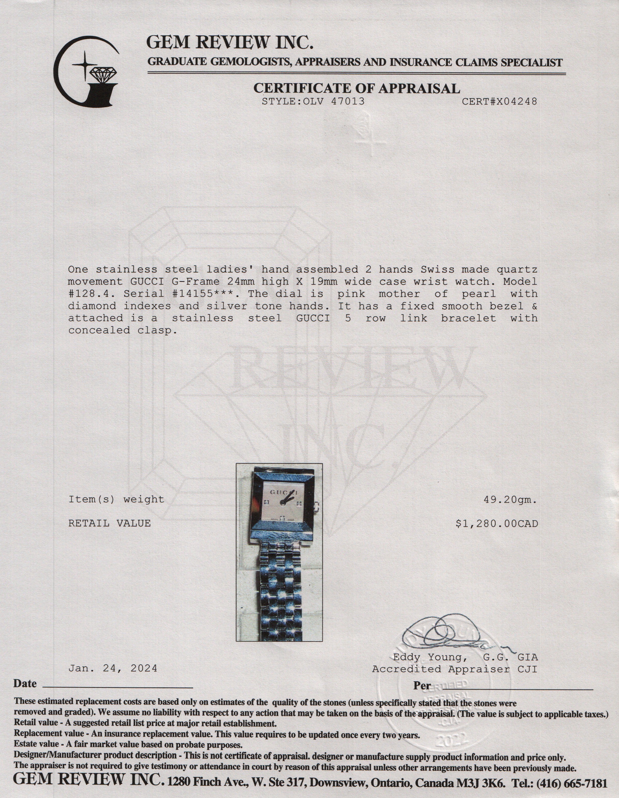 Gucci Stainless Steel G-Frame Pink Mother of Pearl Diamond Dial Watch