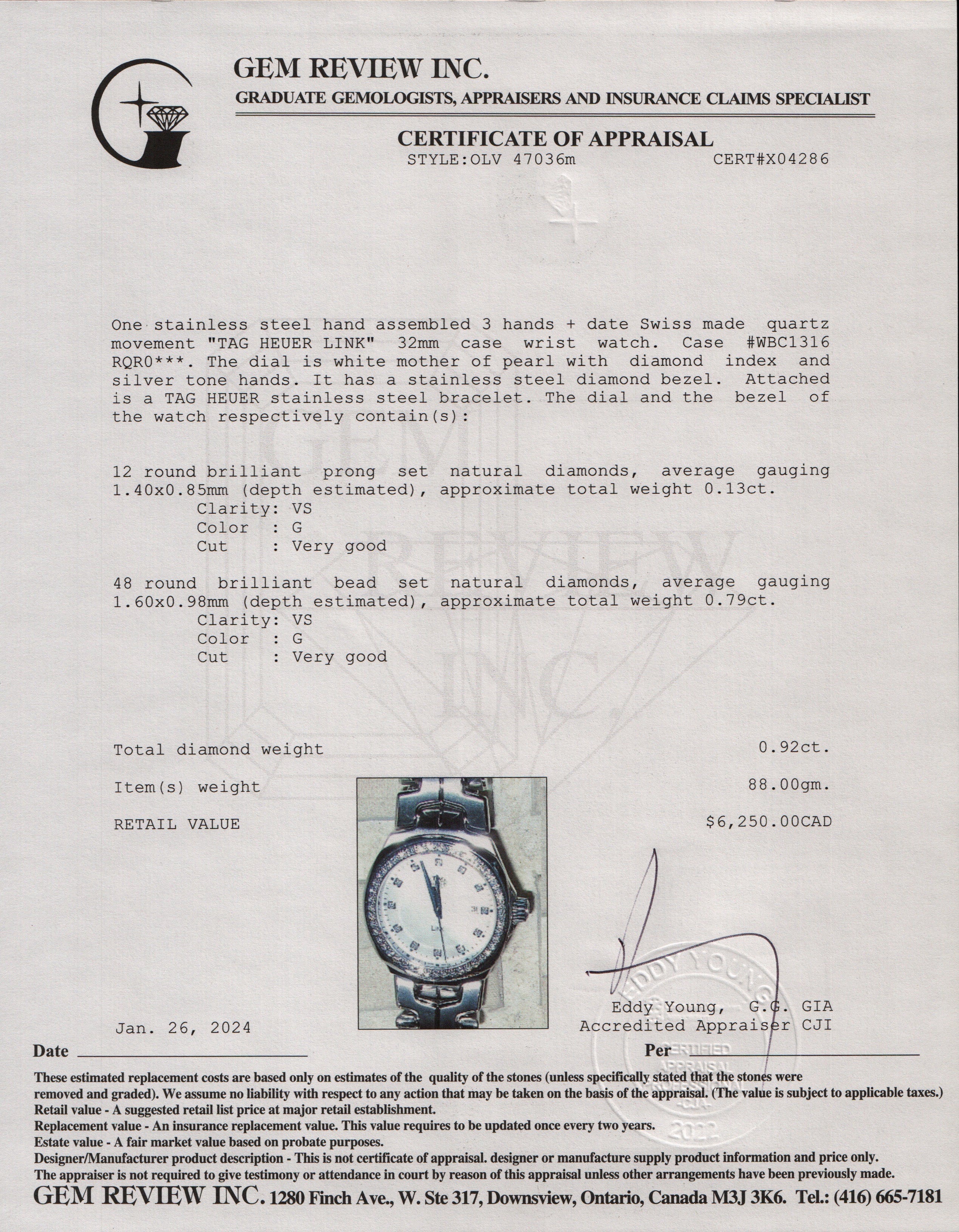 Tag Heuer Stainless Steel Diamond Bezel & Dial 32 MM Link Watch w/ Box & Papers