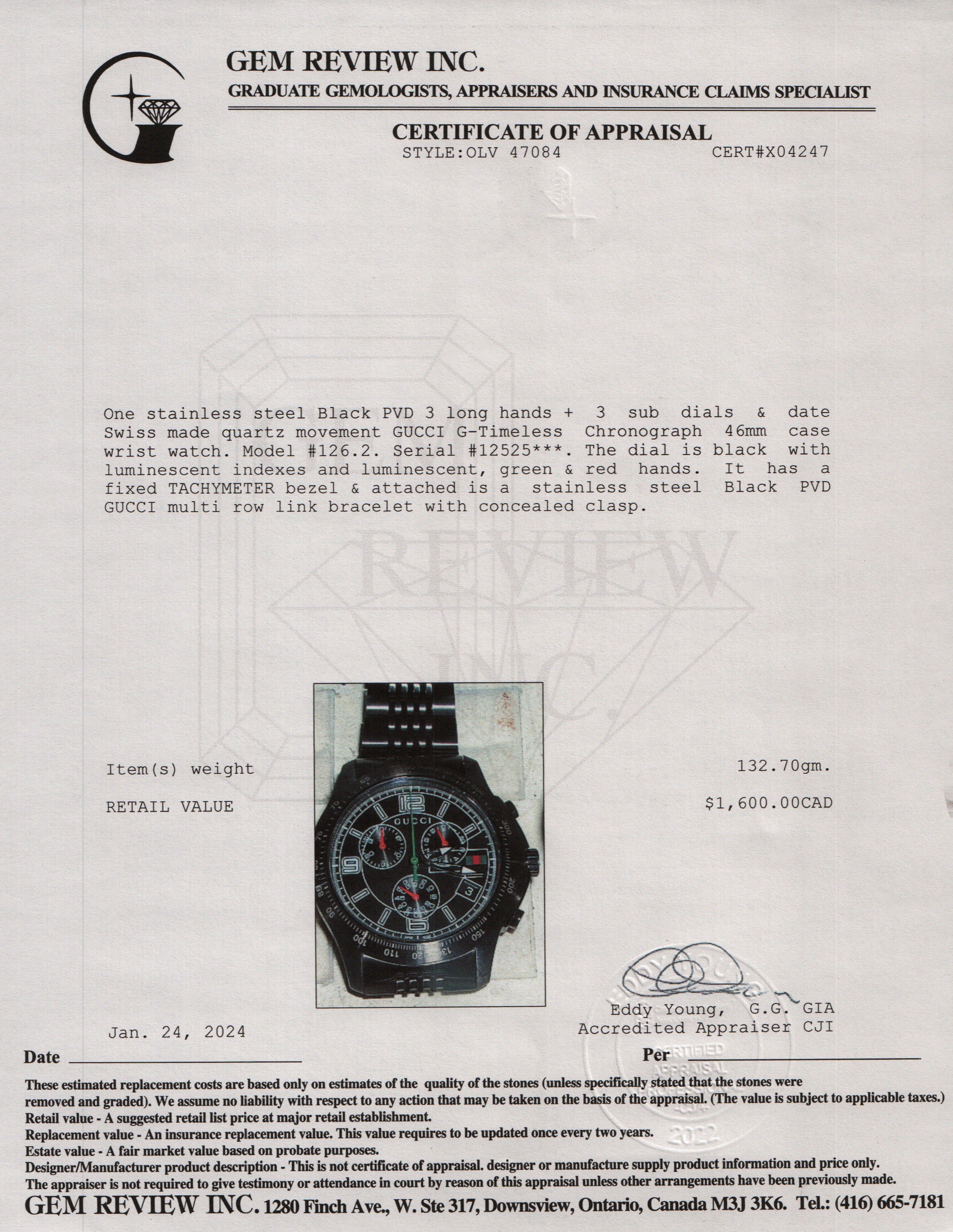 Gucci Black PVD Stainless Steel G-Timeless Chronograph 46 MM Watch w/ Box