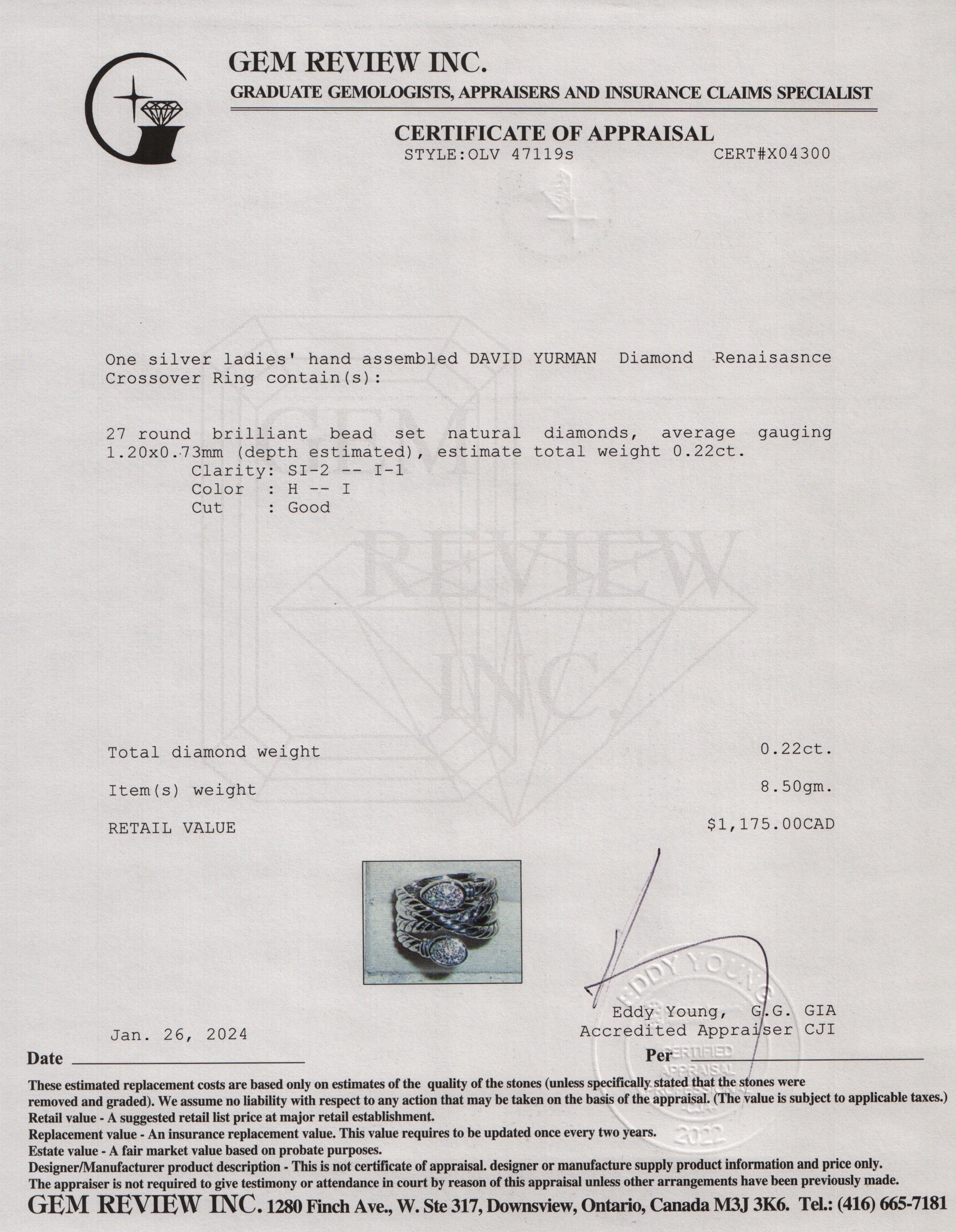 David Yurman Sterling Silver Diamond Renaissance Crossover Ring, Size 6.25