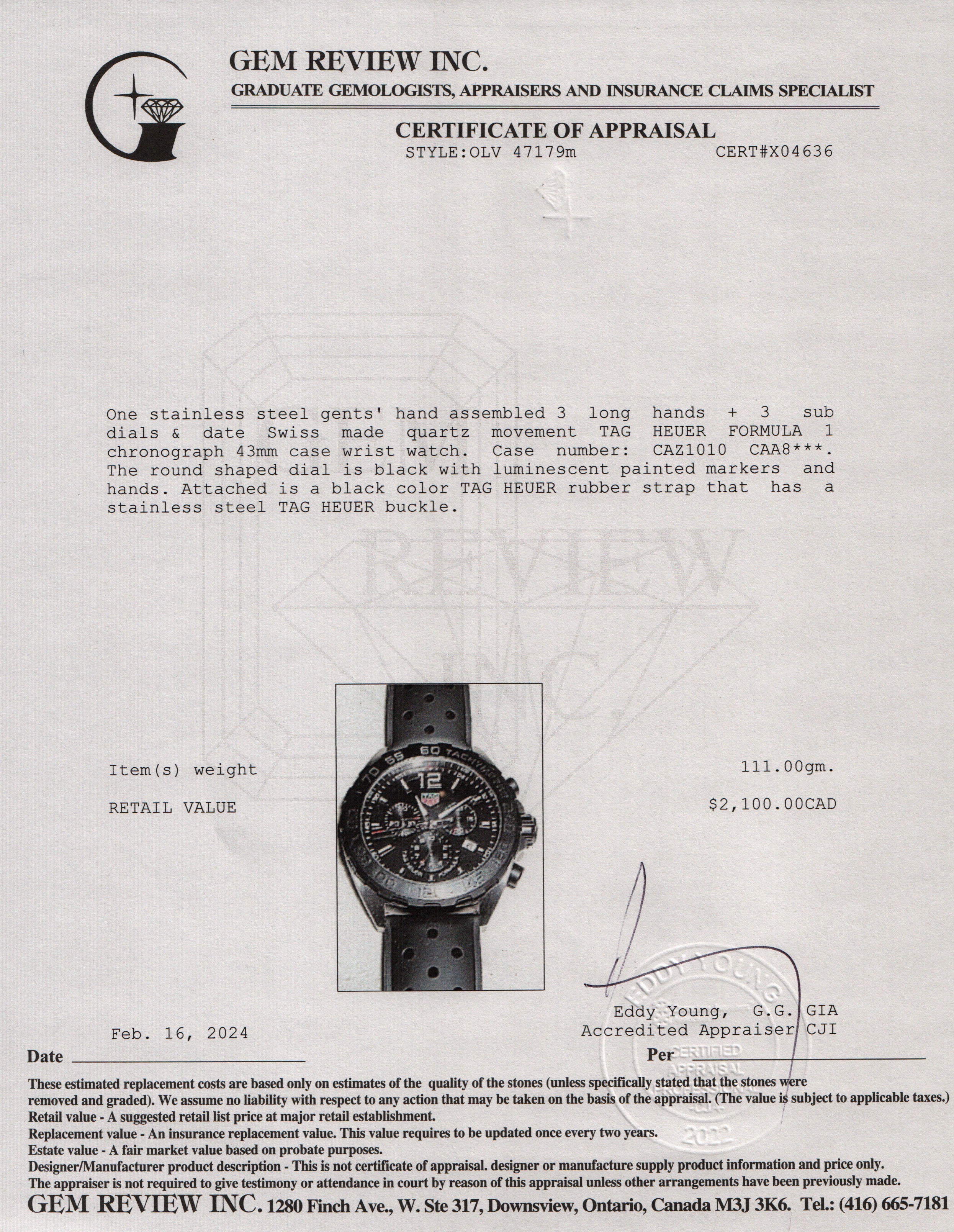 Tag Heuer Stainless Steel Formula 1 43 MM Chronograph Watch w/ Box & Papers