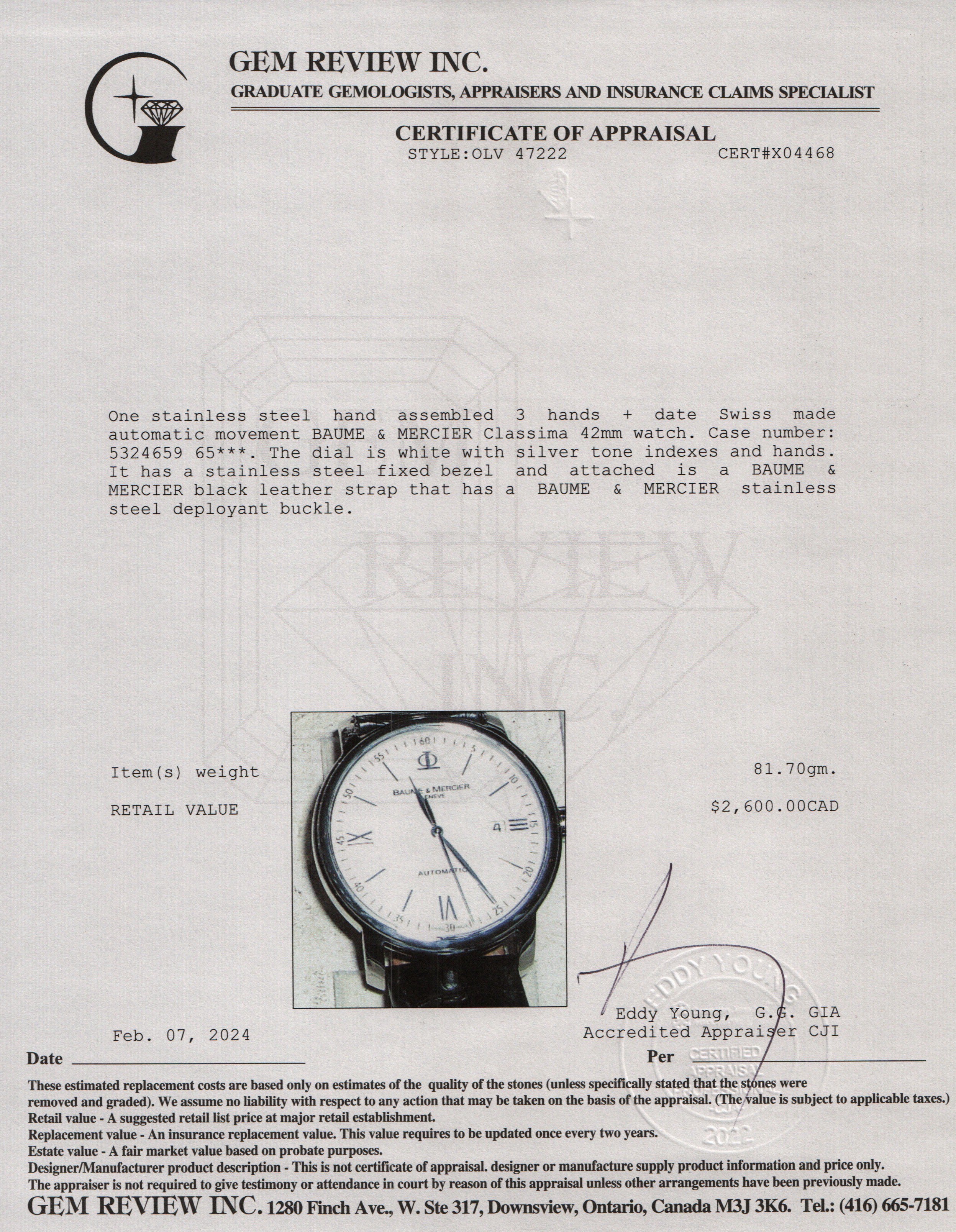 Baume & Mercier Stainless Steel Classima 42 MM Automatic Watch w/ Box