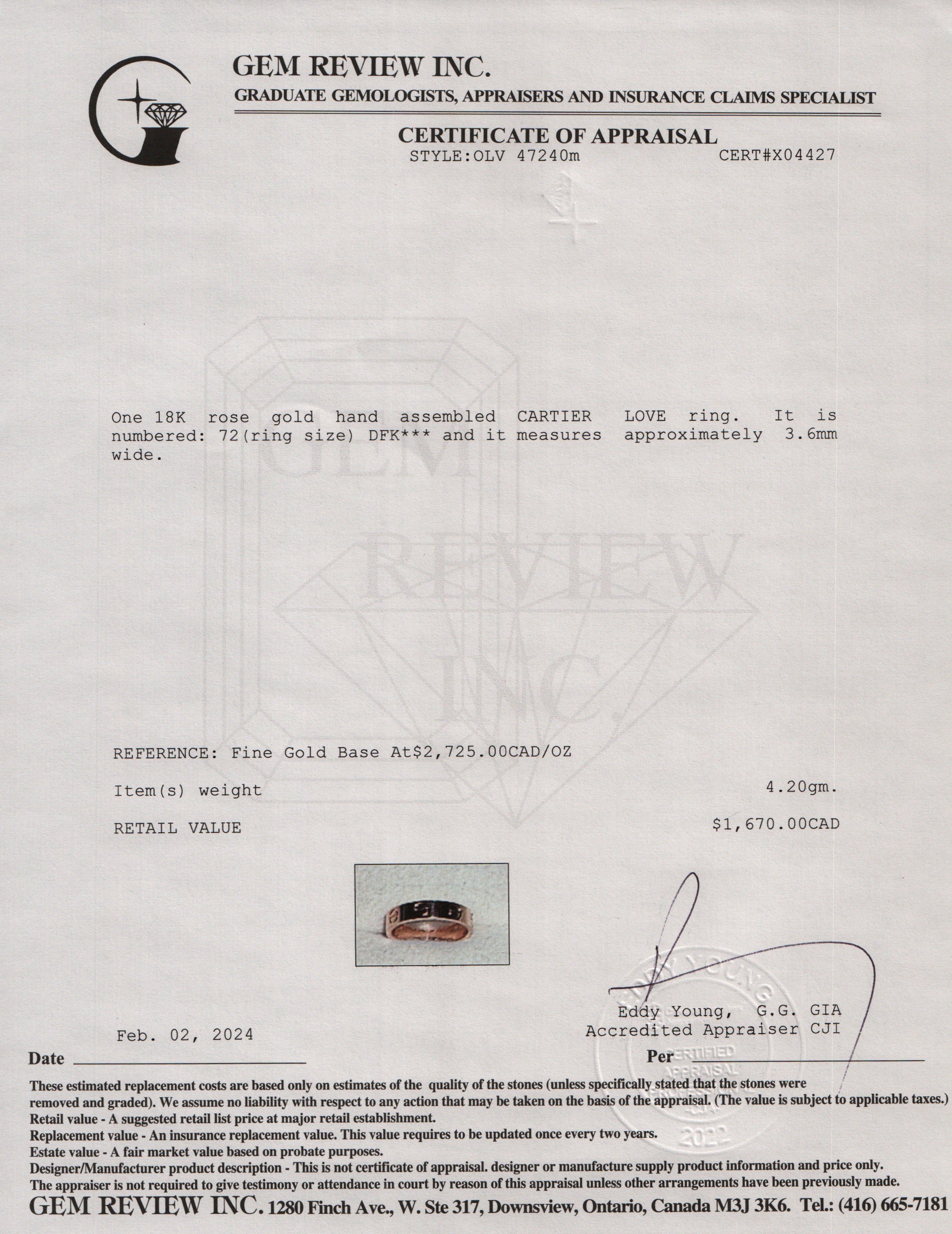 Cartier 18k Rose Gold 3.6 MM Love Wedding Band Ring, Size 72 14