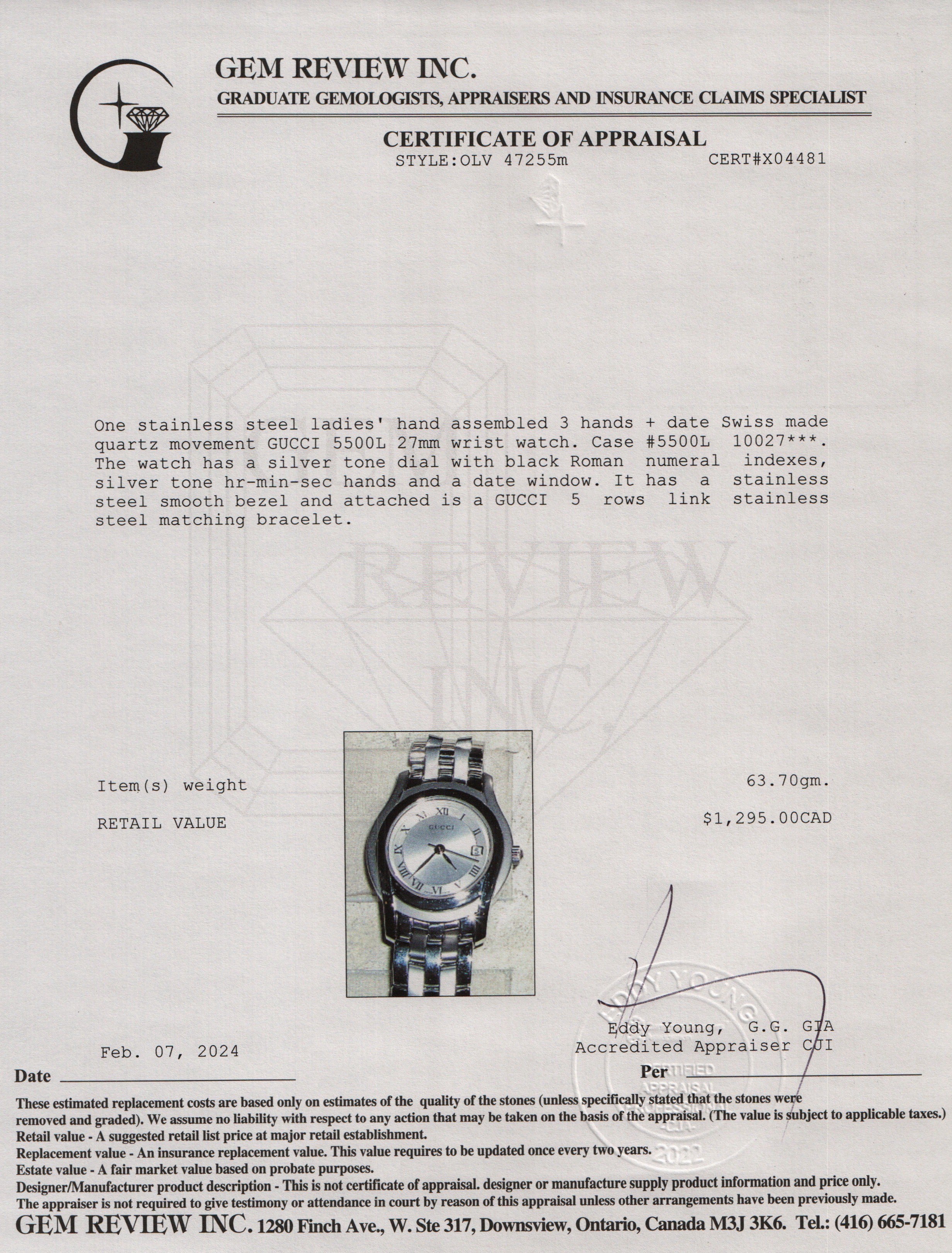 Gucci Stainless Steel 5500 Series 27 MM Watch w/ Box & Papers