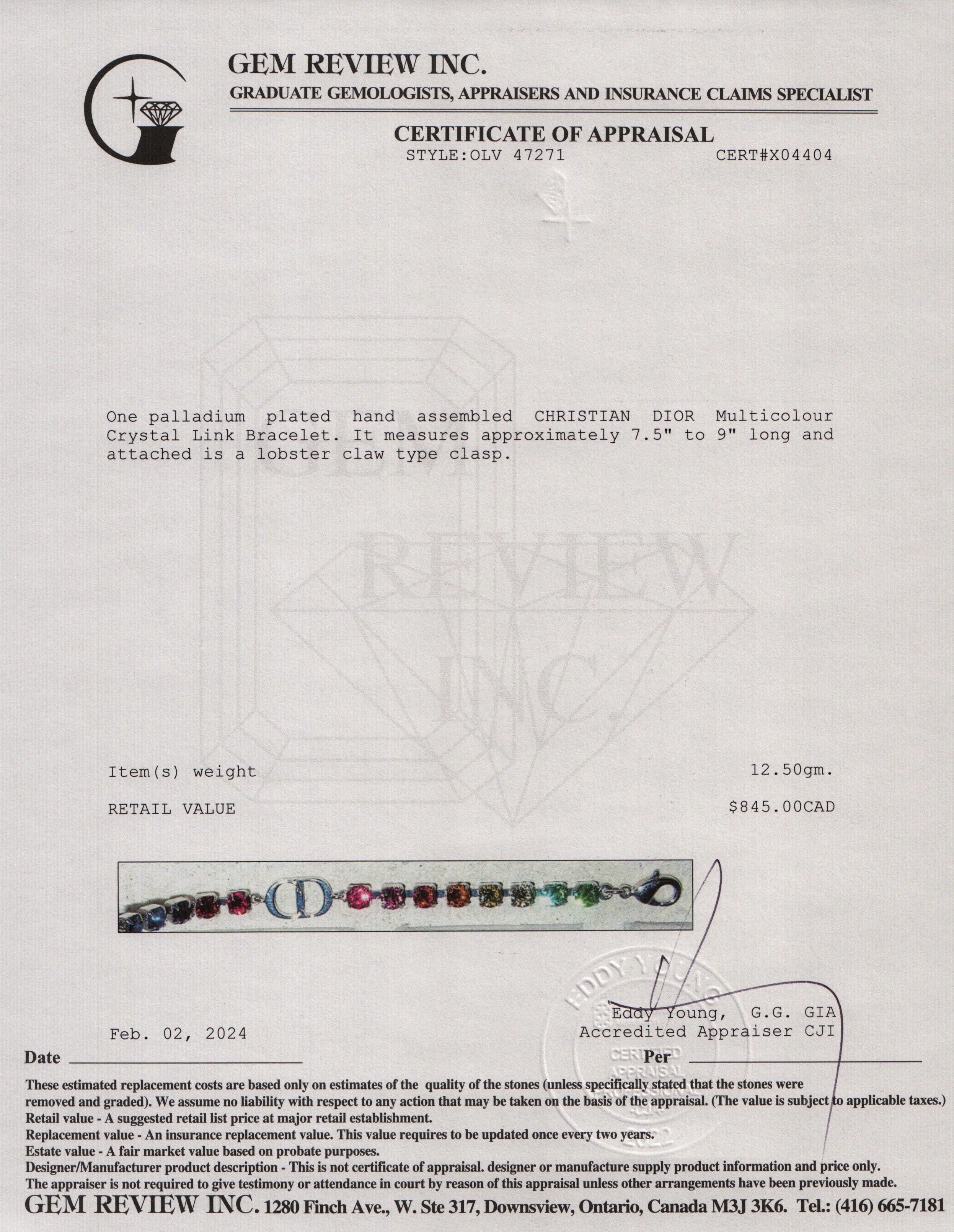 Christian Dior Palladium Plated Multicolour Crystal Link Bracelet w/ Box