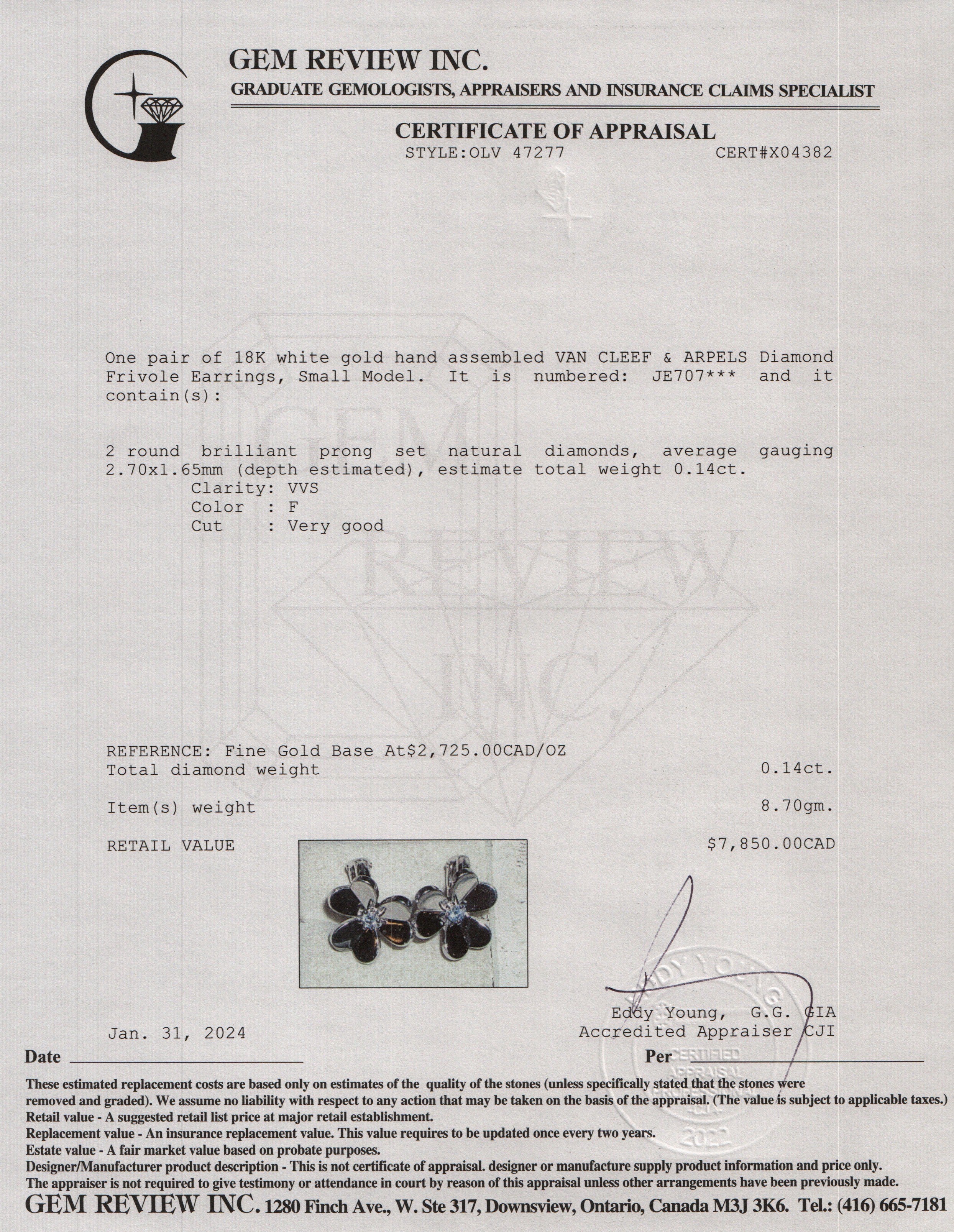 Van Cleef & Arpels 18k White Gold & Diamond Frivole Earrings, Small Model w/ Certificate