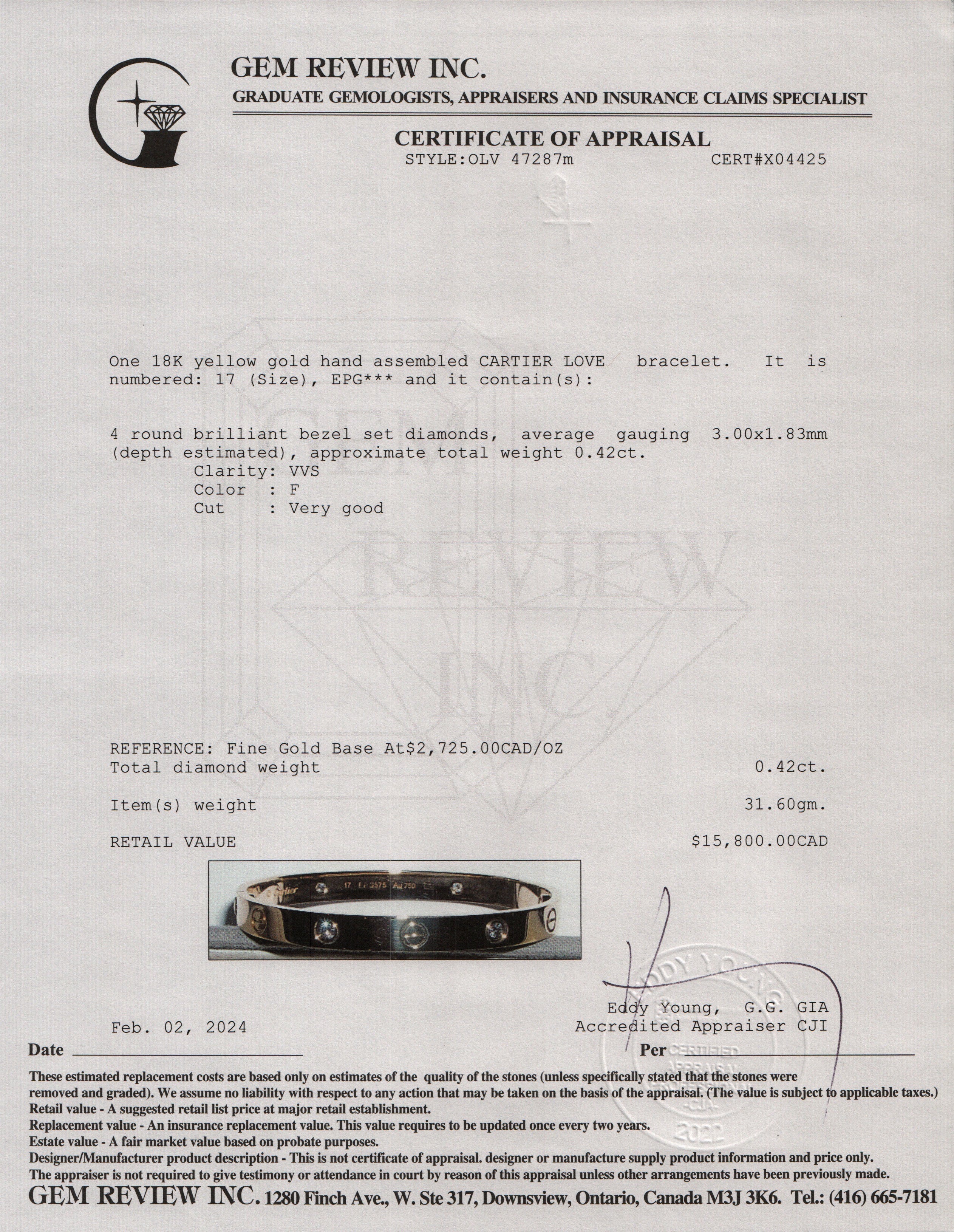 Cartier 18k Yellow Gold 4 Diamond Love Bracelet, Size 17 w/ Certificate