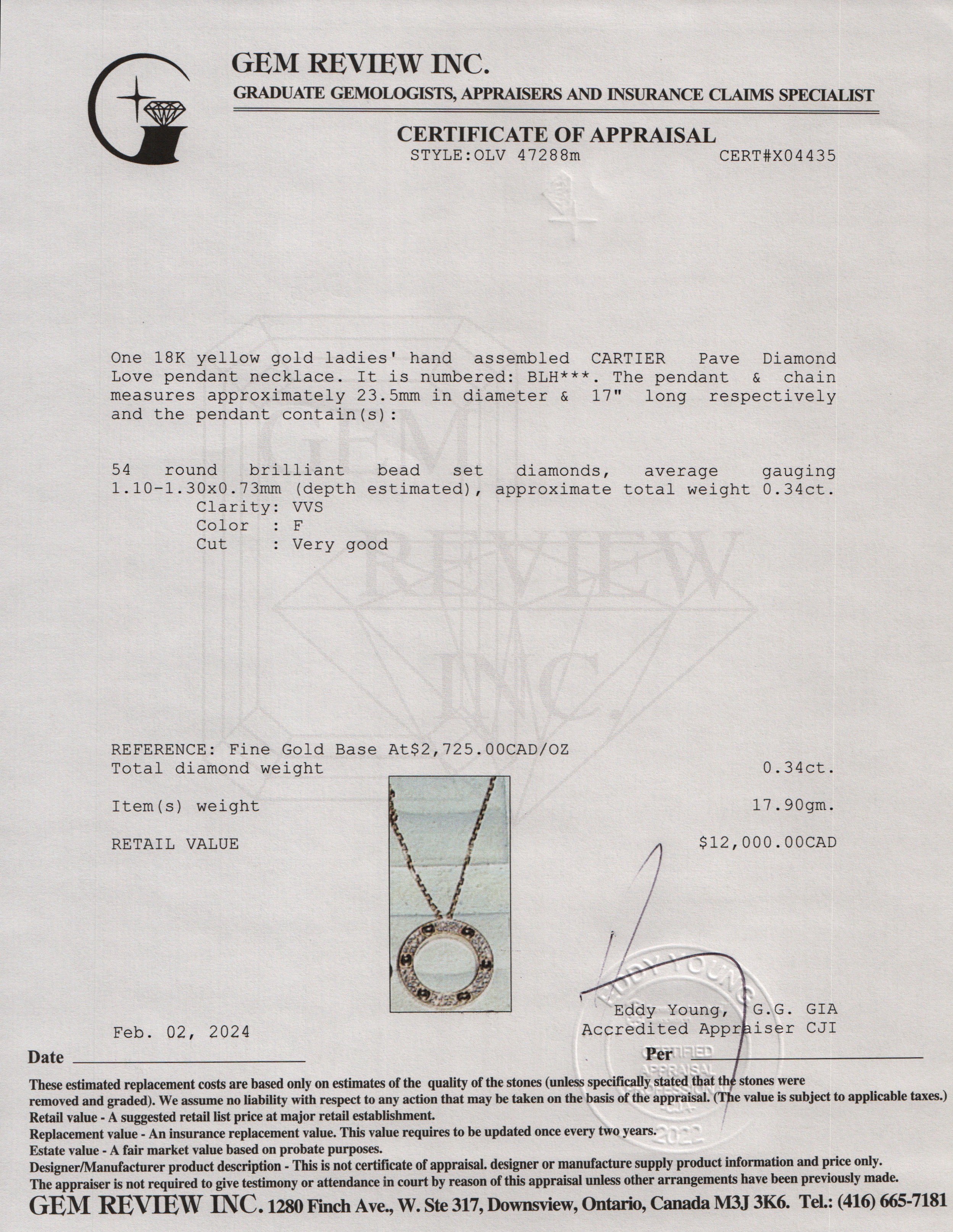 Cartier 18k Yellow Gold Pave Diamond Love Pendant Necklace