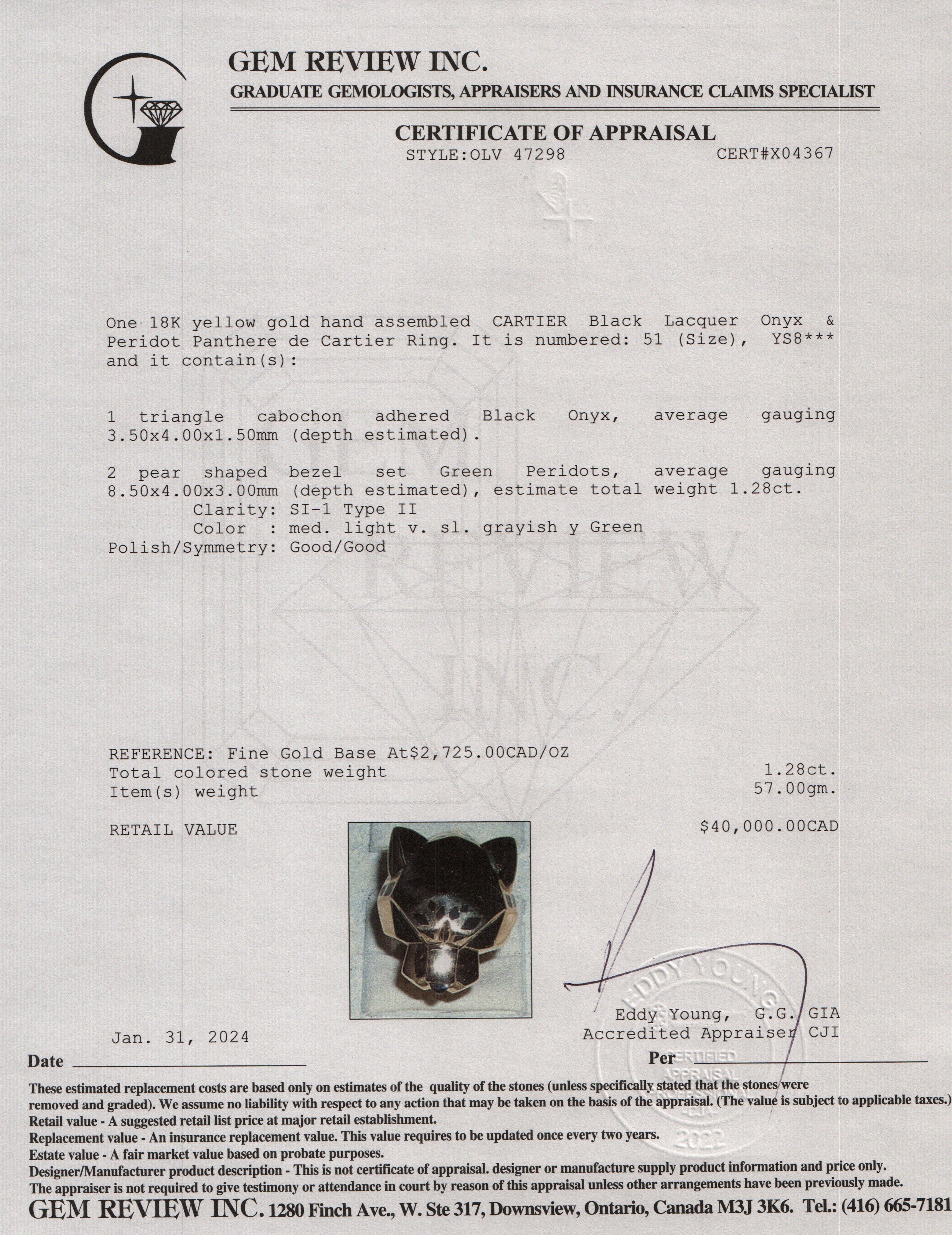 Cartier 18k Yellow Gold Black Lacquer Onyx & Peridot Panthere de Cartier Ring, Size 51 5.5