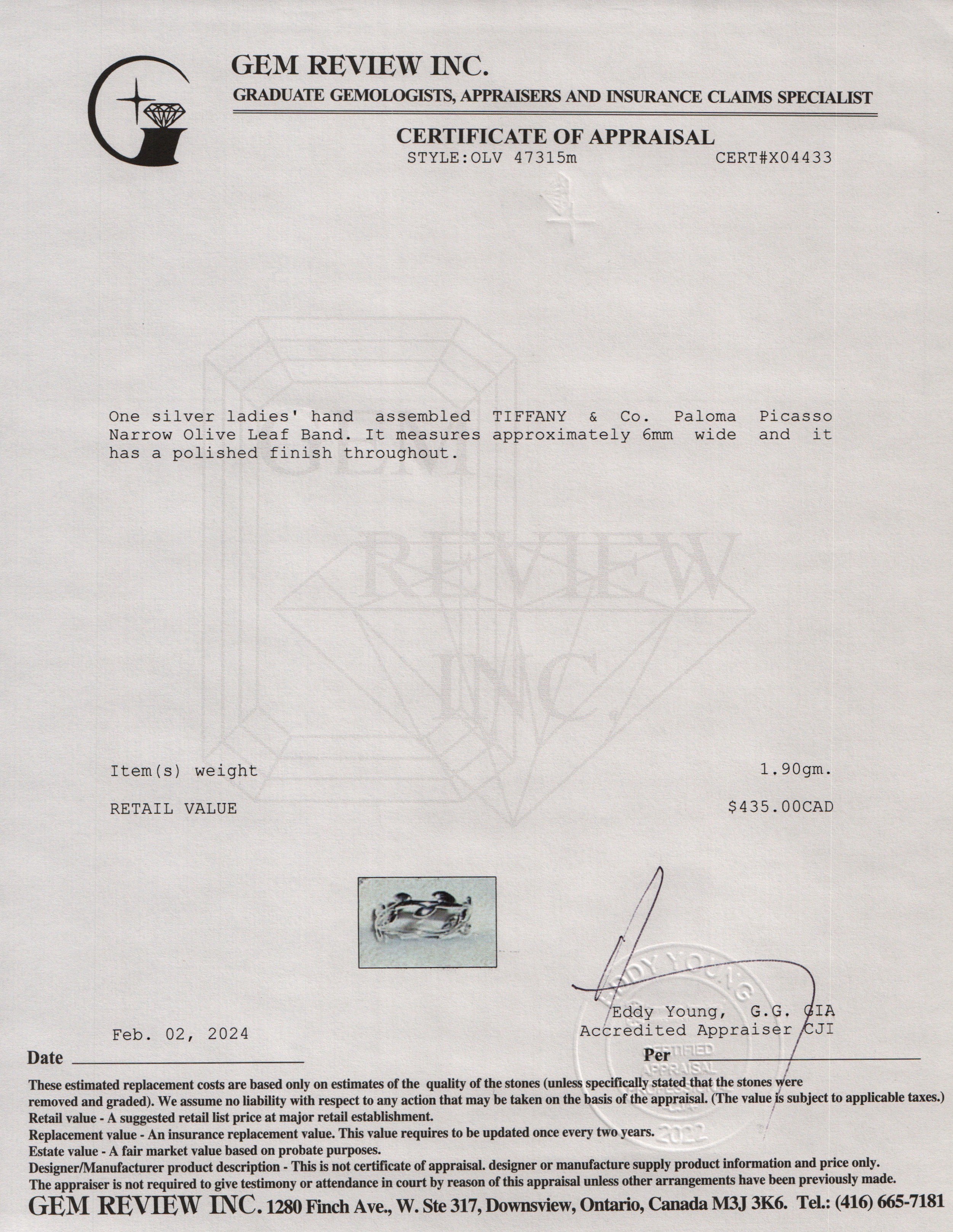 Tiffany & Co. Paloma Picasso Sterling Silver Narrow Olive Leaf Band Ring, Size 7