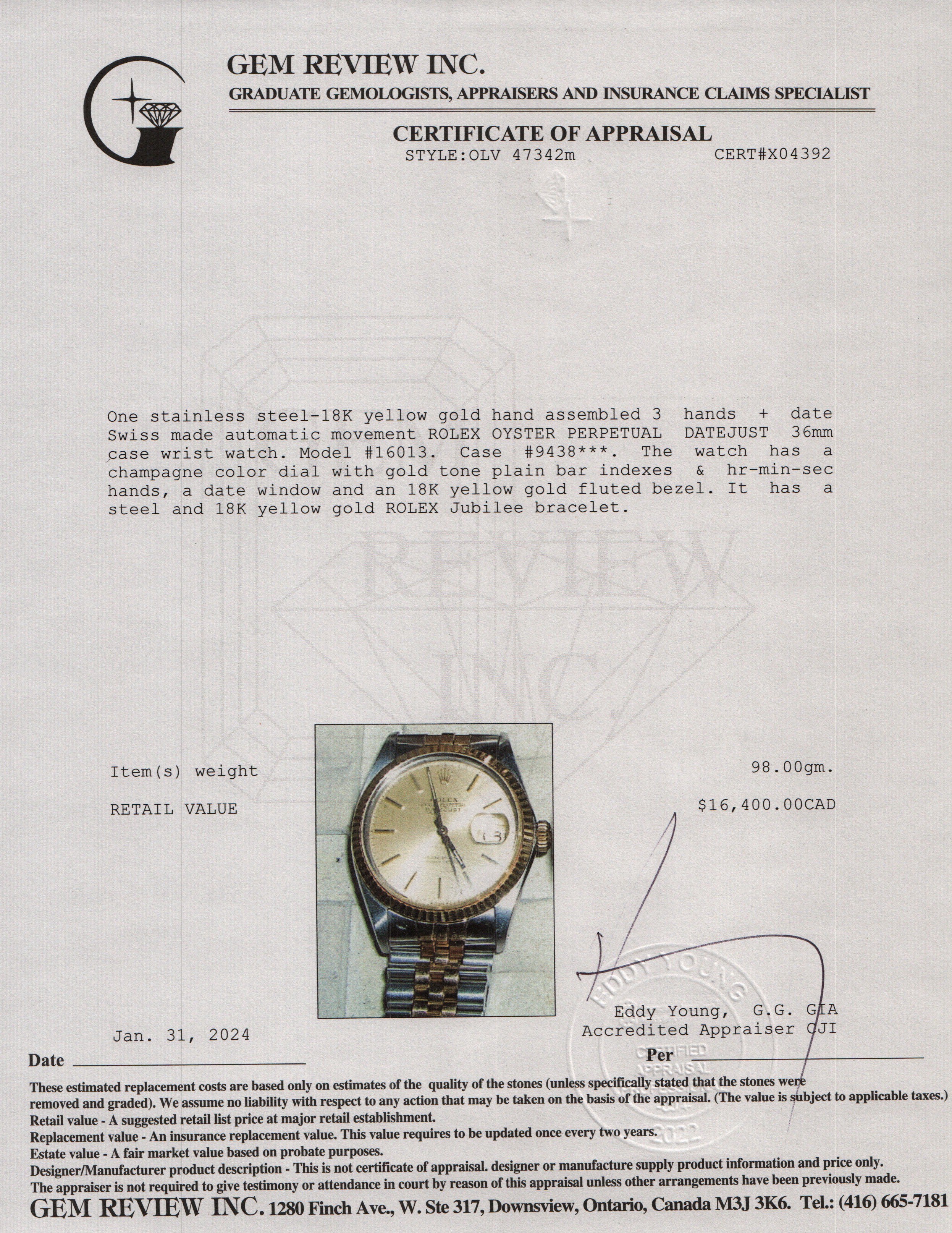 Rolex Stainless Steel & 18k Yellow Gold Datejust 36 MM Watch