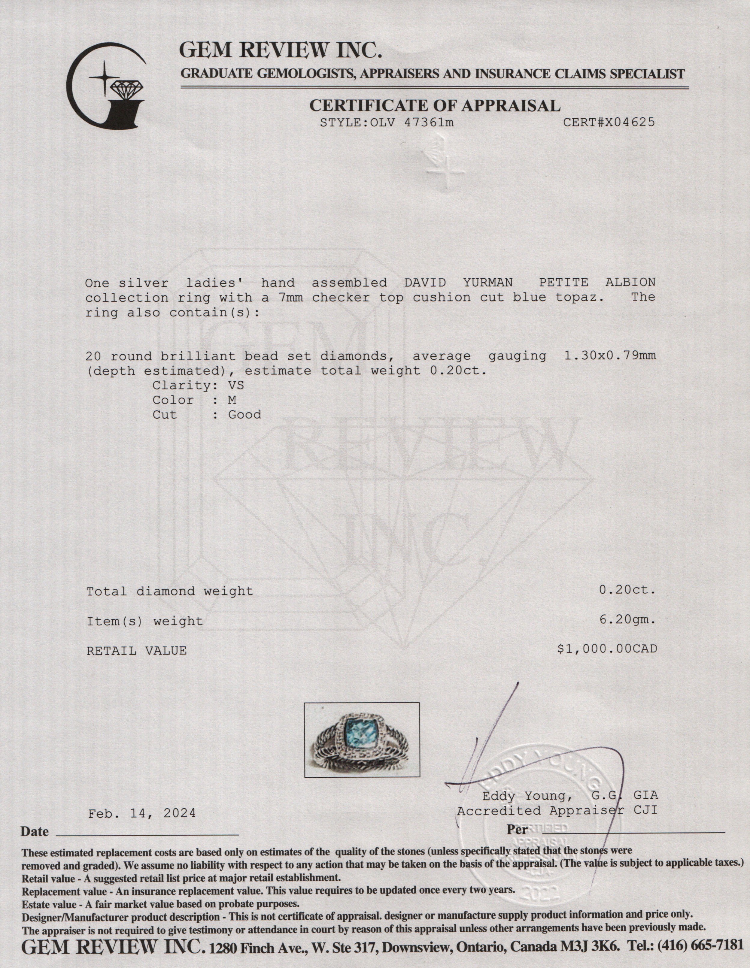 David Yurman Sterling Silver Blue Topaz & Diamond Petite Albion Ring, Size 7.25