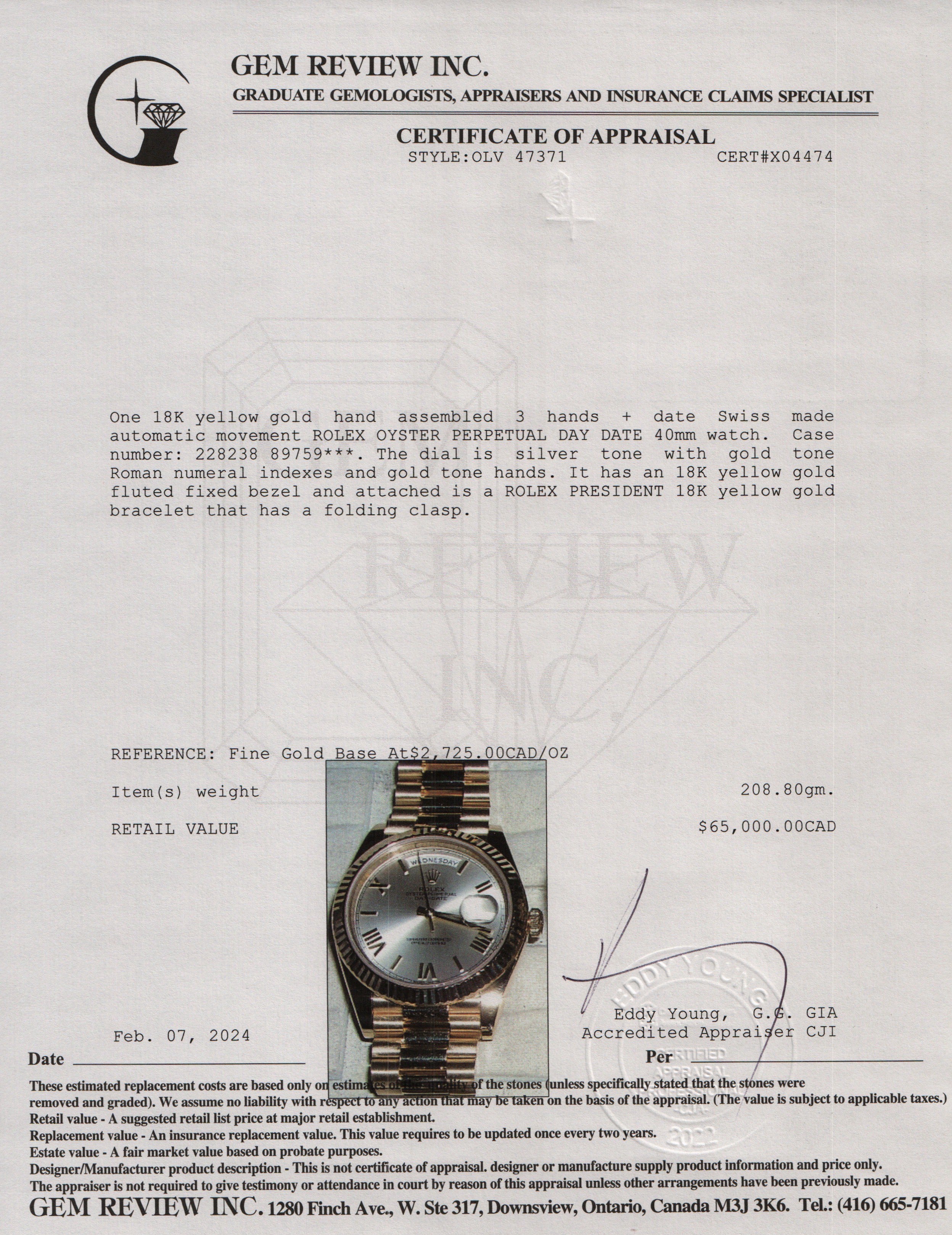 Rolex 18k Yellow Gold Day Date 40 MM President Silver Dial Watch w/ Box & Papers