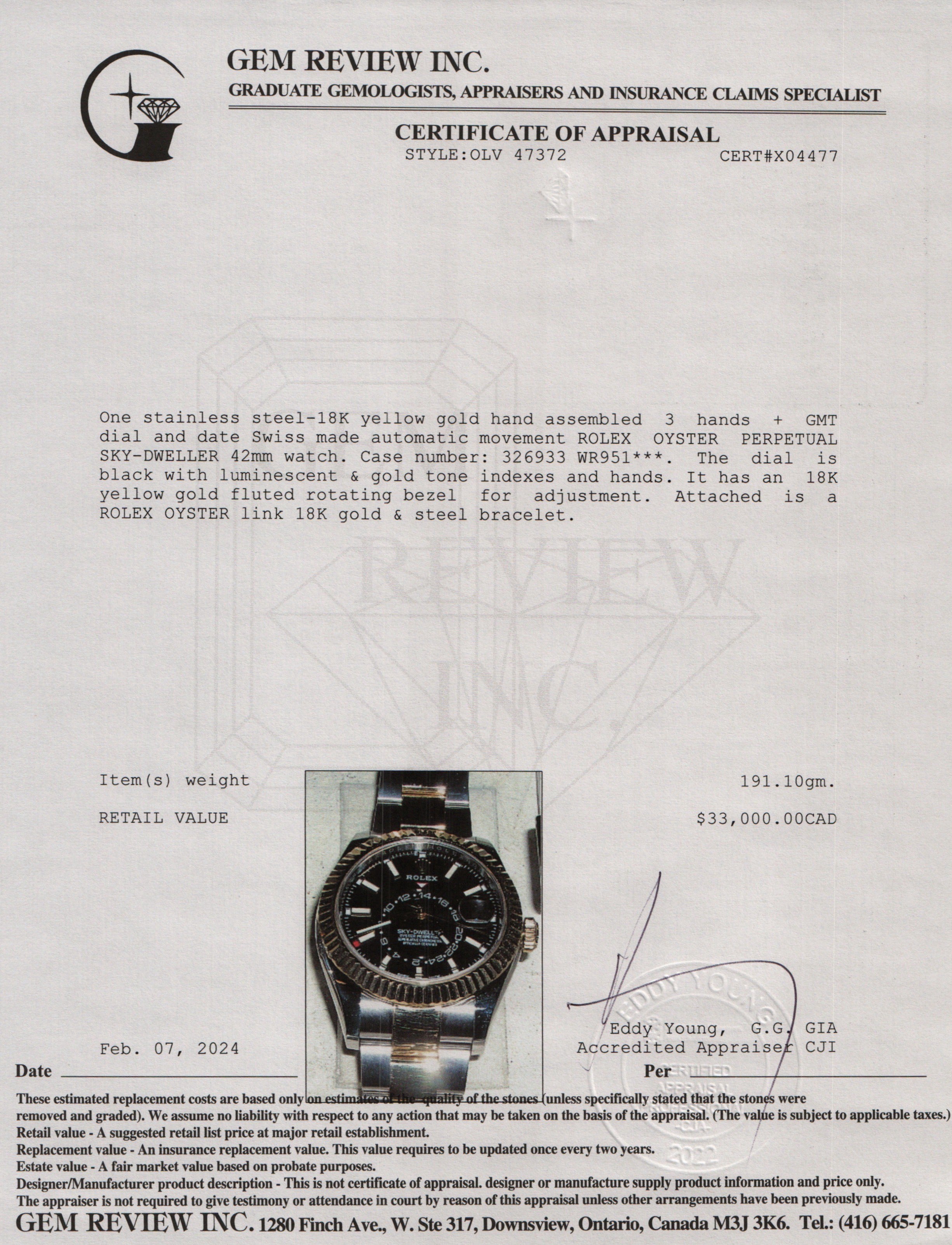 Rolex Stainless Steel & 18k Yellow Gold Sky-Dweller 42 MM Date Watch w/ Box & Papers