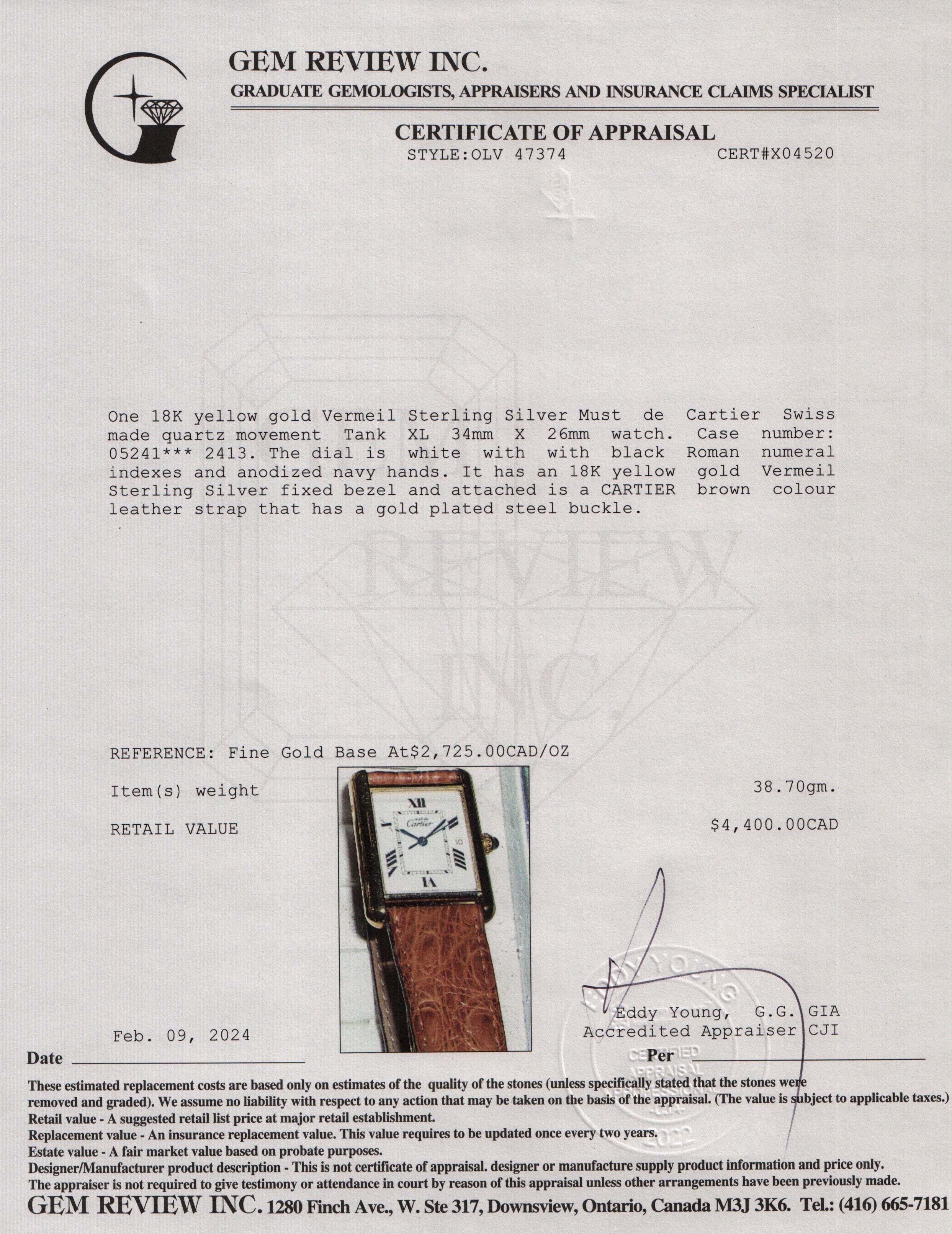 Cartier 18k Yellow Gold Vermeil Sterling Silver Must de Cartier Tank XL Watch w/ Box & Papers