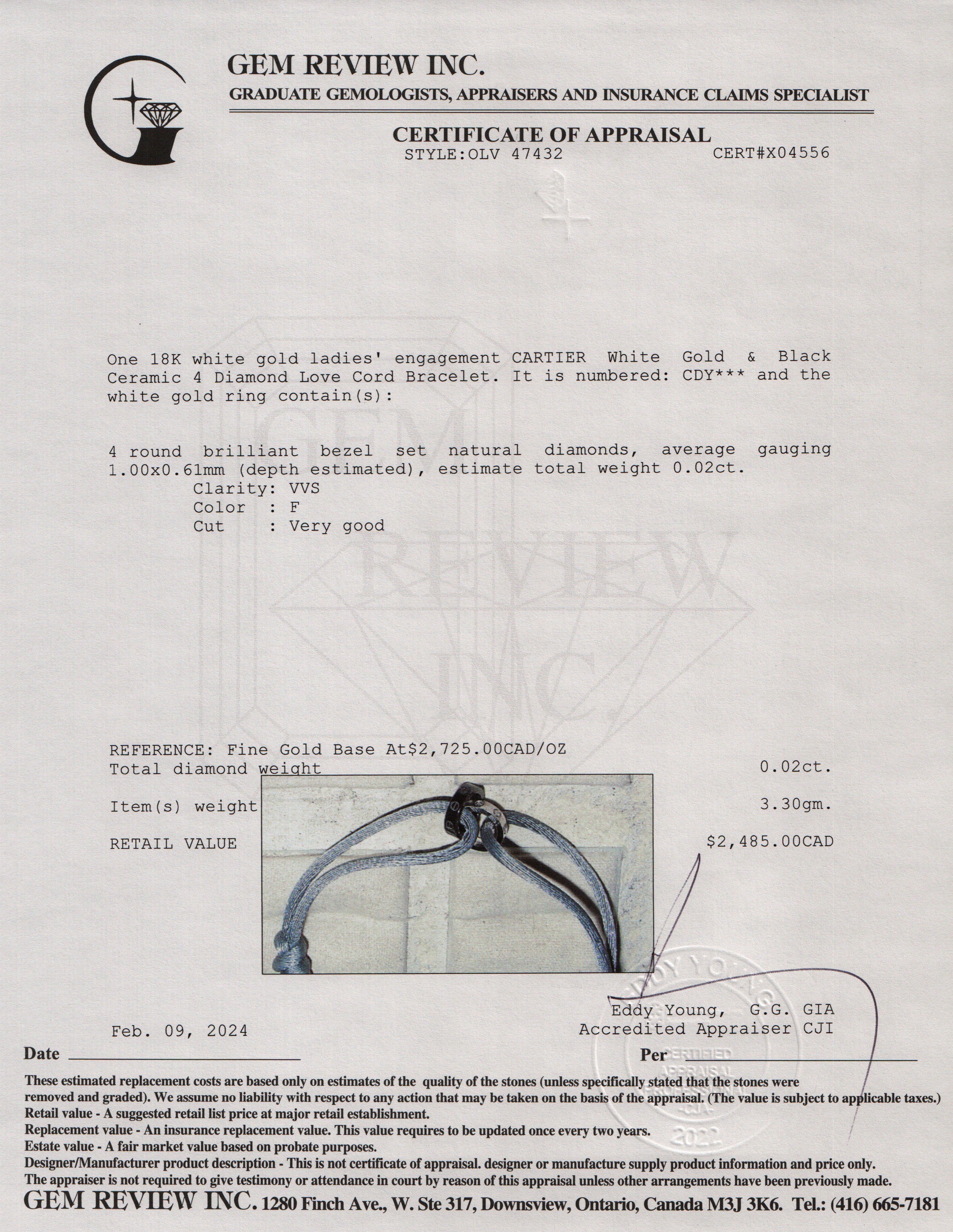 Cartier 18k White Gold & Black Ceramic 4 Diamond Love Cord Bracelet