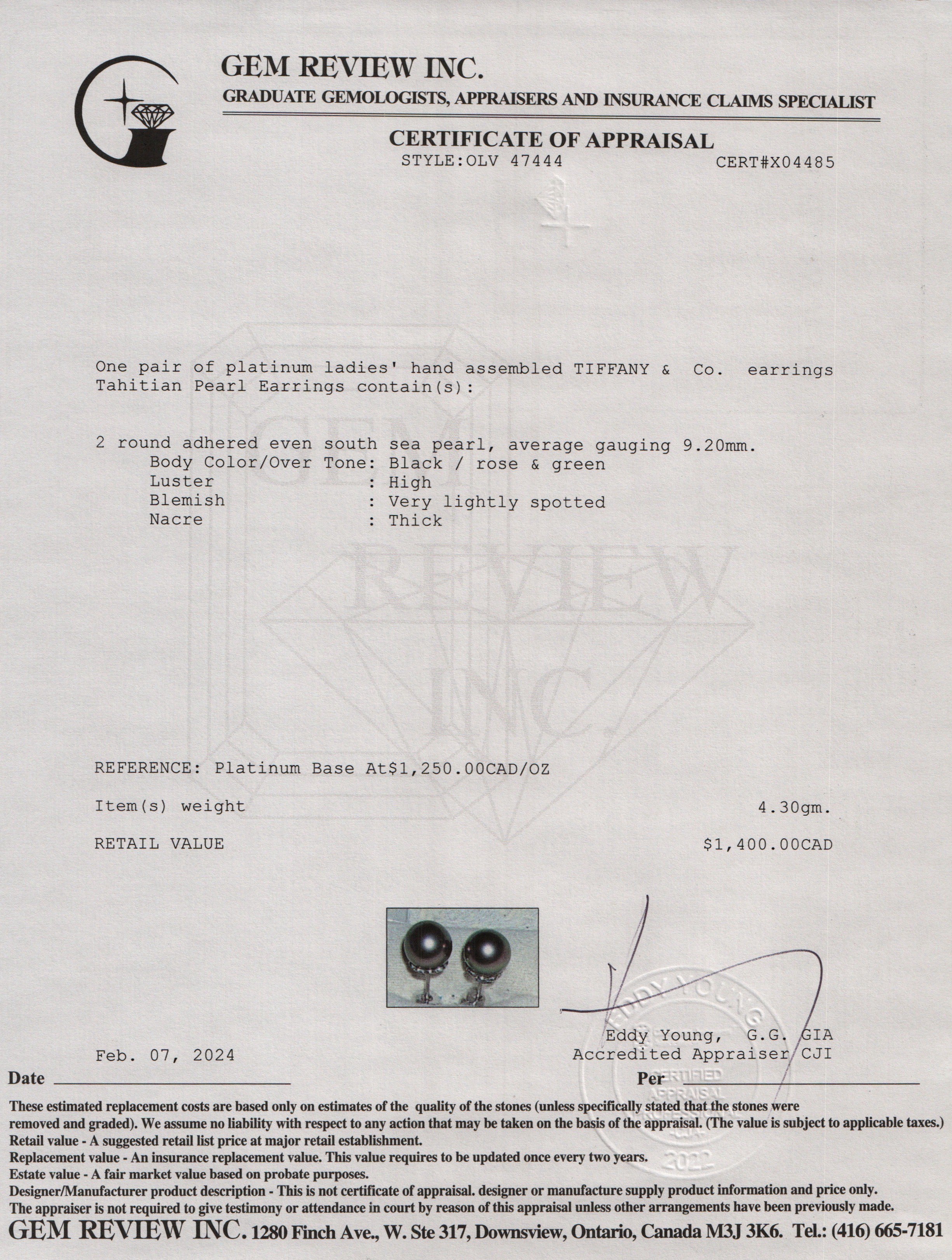 Tiffany & Co. Platinum 9-9.5 MM Tahitian Pearl Earrings w/ Box