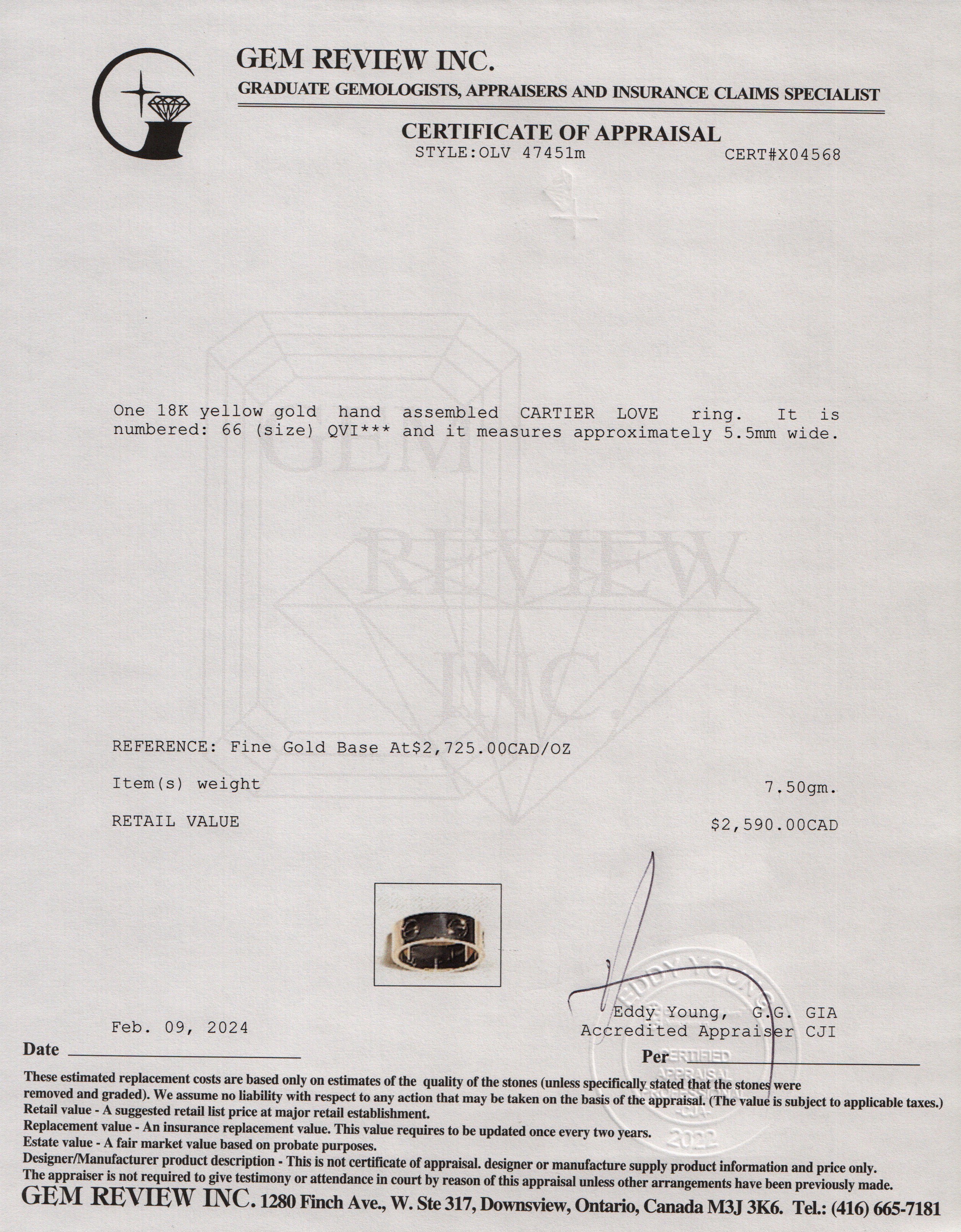 Cartier 2022 18k Yellow Gold 5.5 MM Love Ring, Size 66 11.5 w/ Box & Certificate