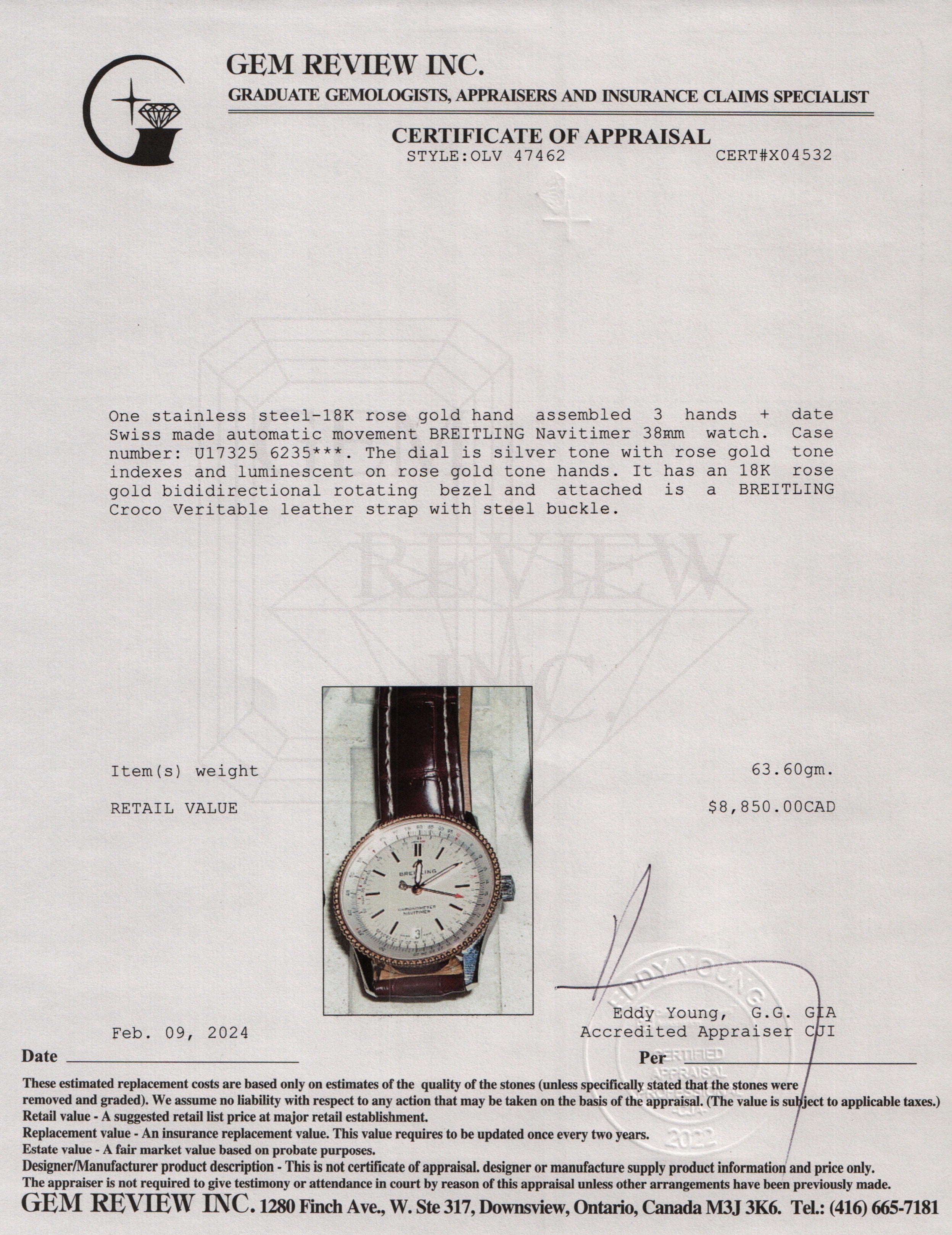 Breitling Stainless Steel & 18k Rose Gold Navitimer 38 MM Automatic Watch w/ Box & Papers