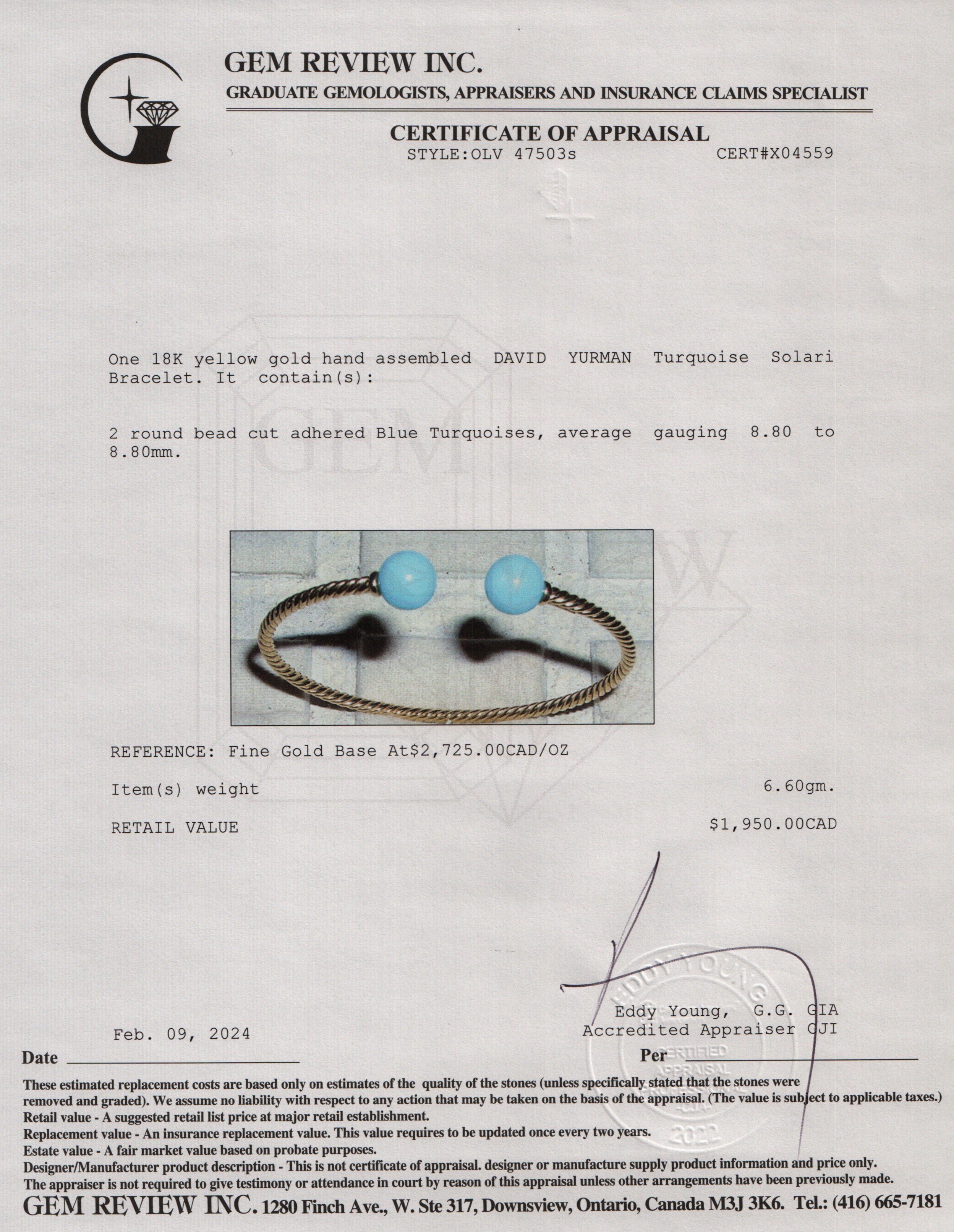 David Yurman 18k Yellow Gold Turquoise Solari Bracelet w/ Box