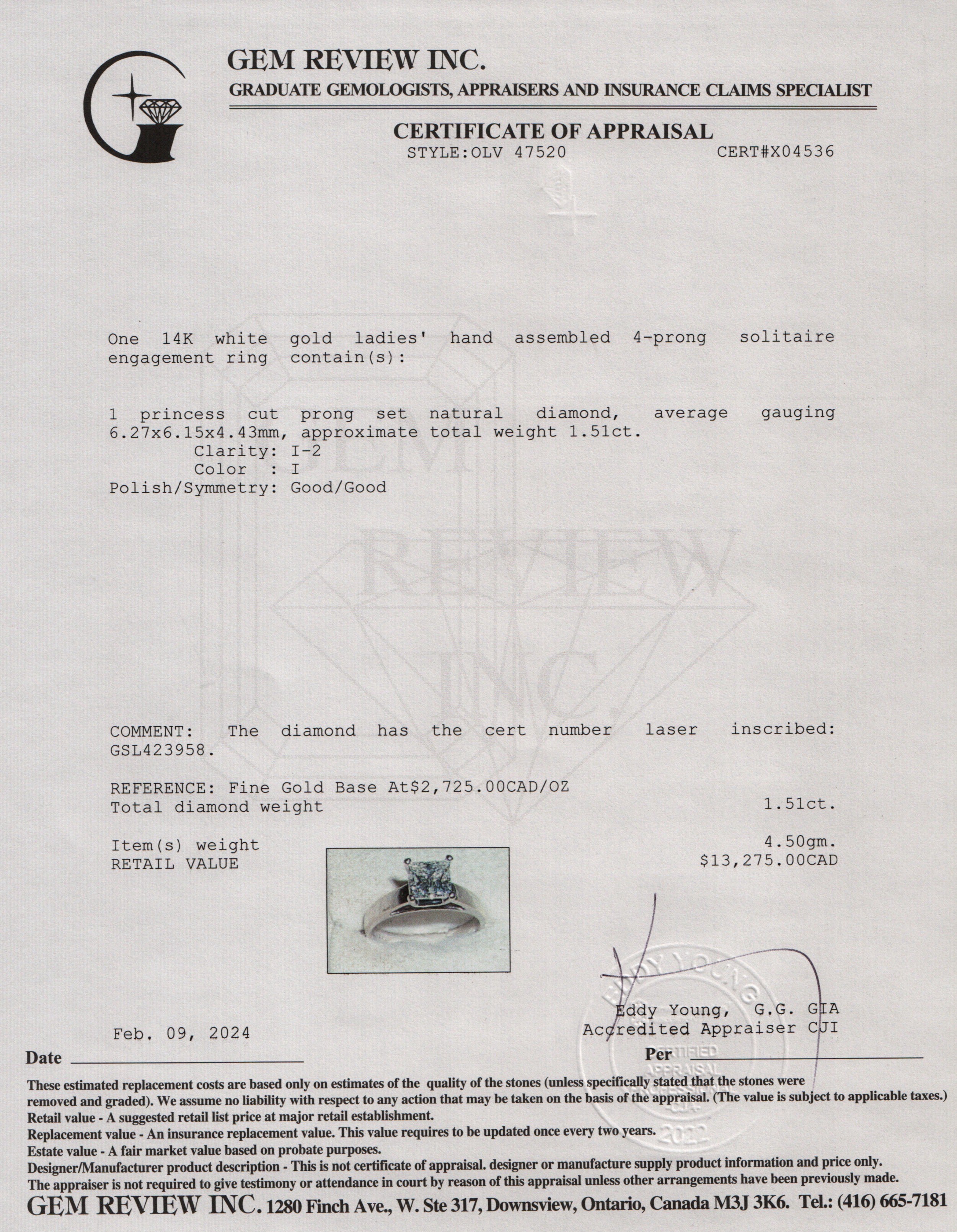 14k White Gold 1.51 ct. Princess Cut Solitaire Diamond Engagement Ring, Size 7