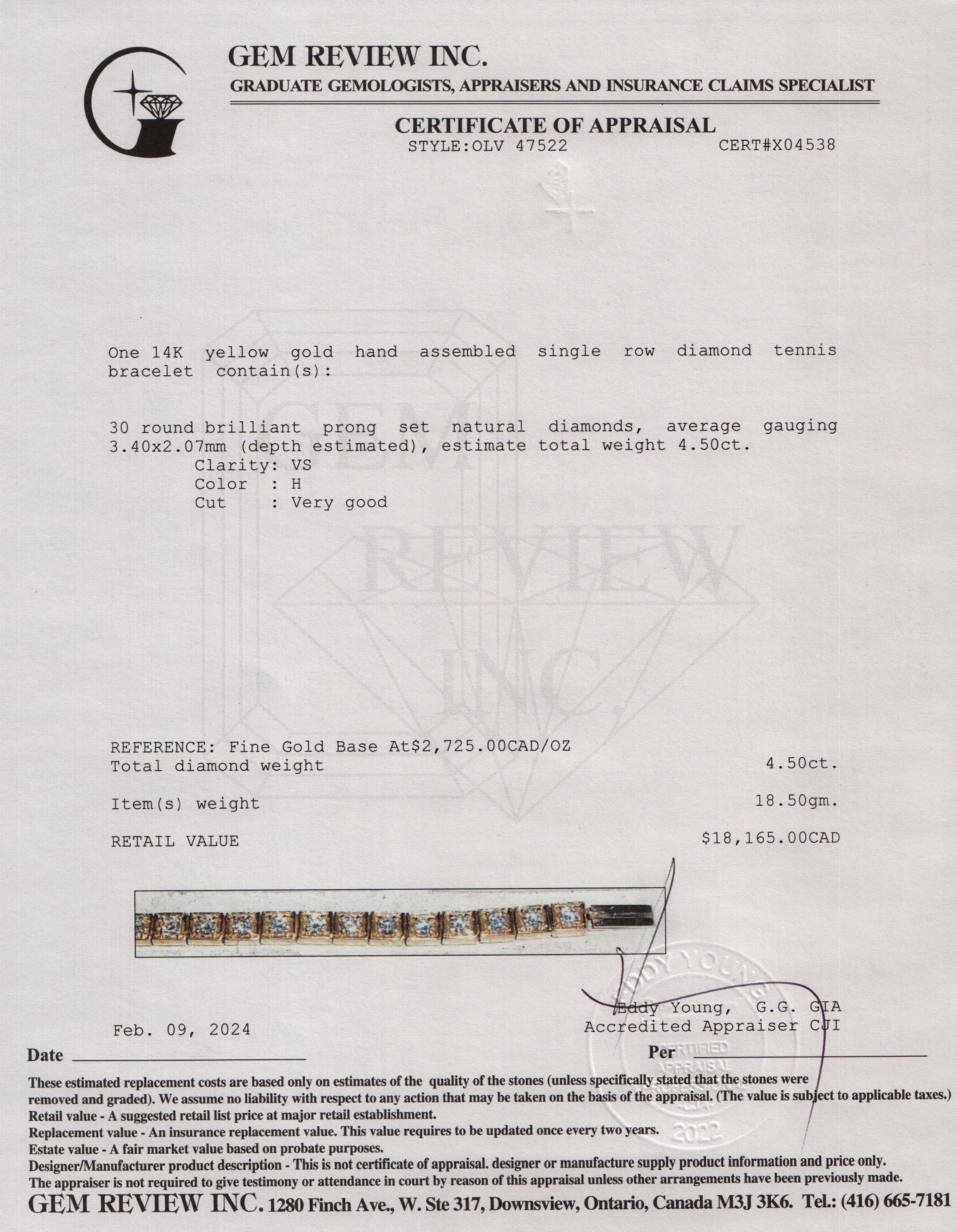 14k Yellow Gold 4.50 tcw Diamond Tennis Bracelet