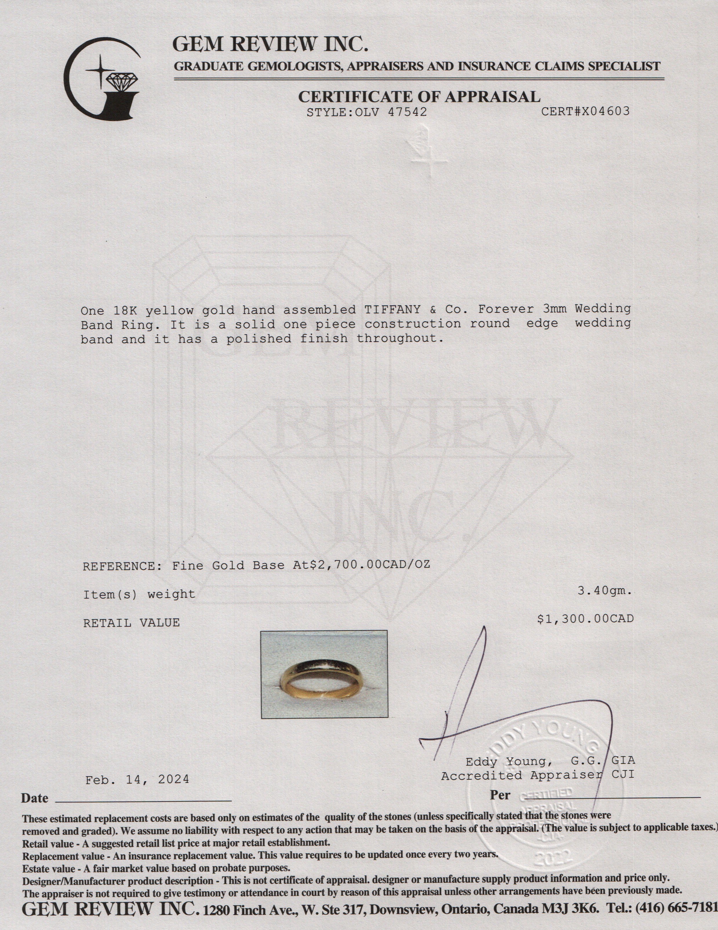 Tiffany & Co. 18k Yellow Gold Forever 3 MM Wedding Band Ring, Size 6.5