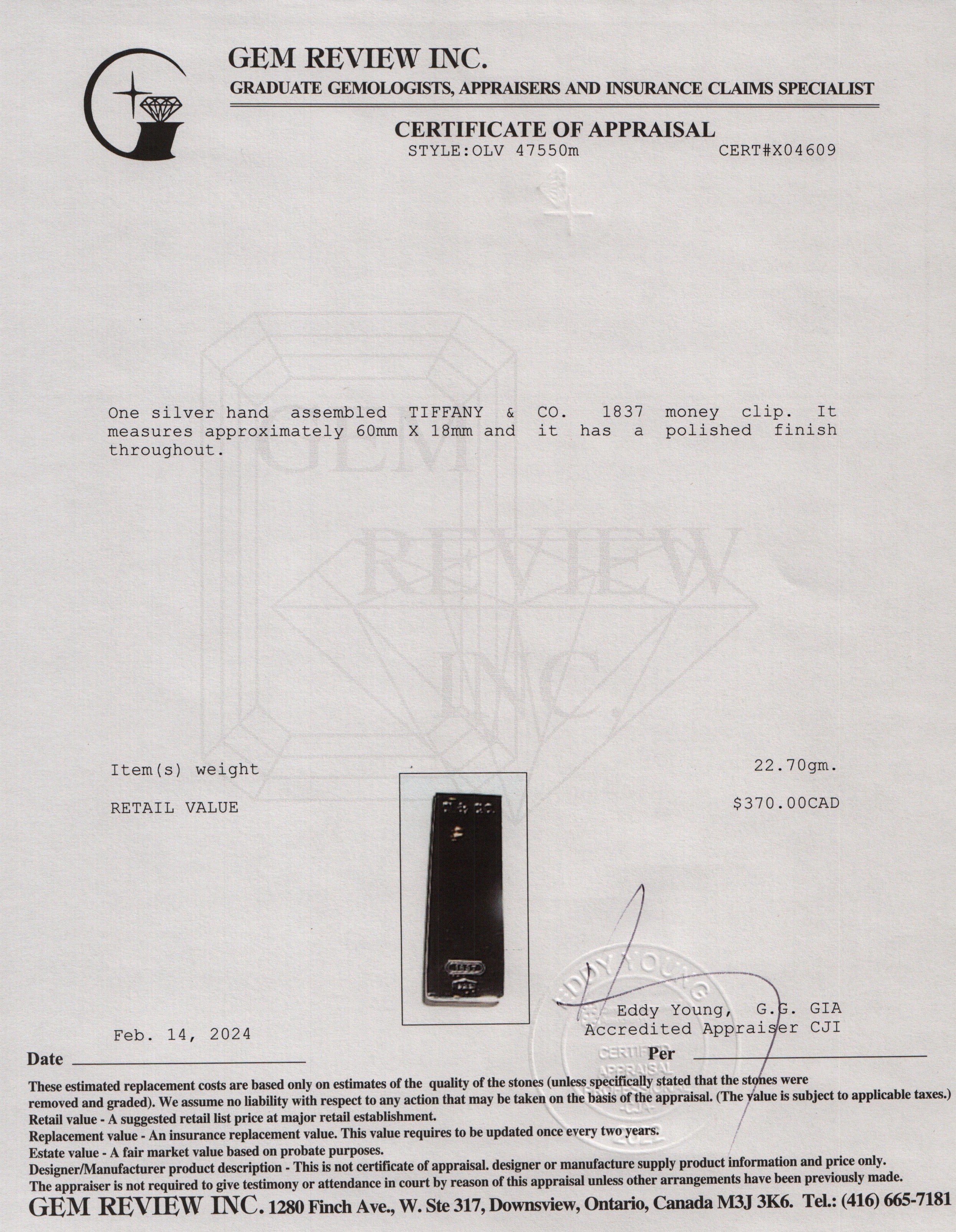 Tiffany & Co. Sterling Silver 1837 Money Clip