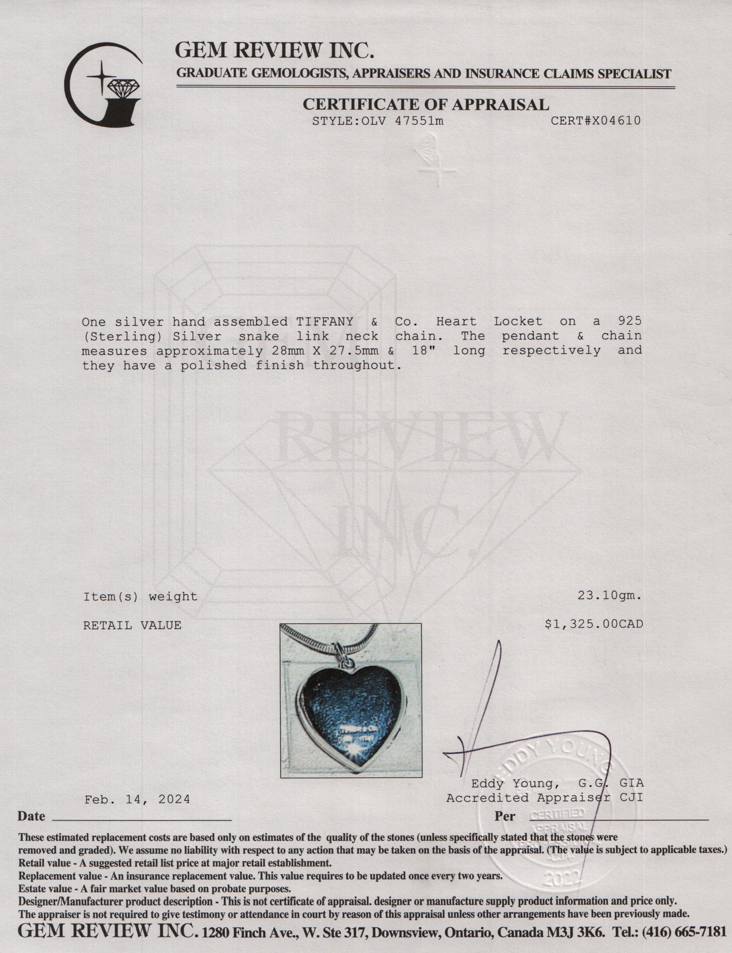 Tiffany & Co. Sterling Silver Heart Locket Pendant Necklace