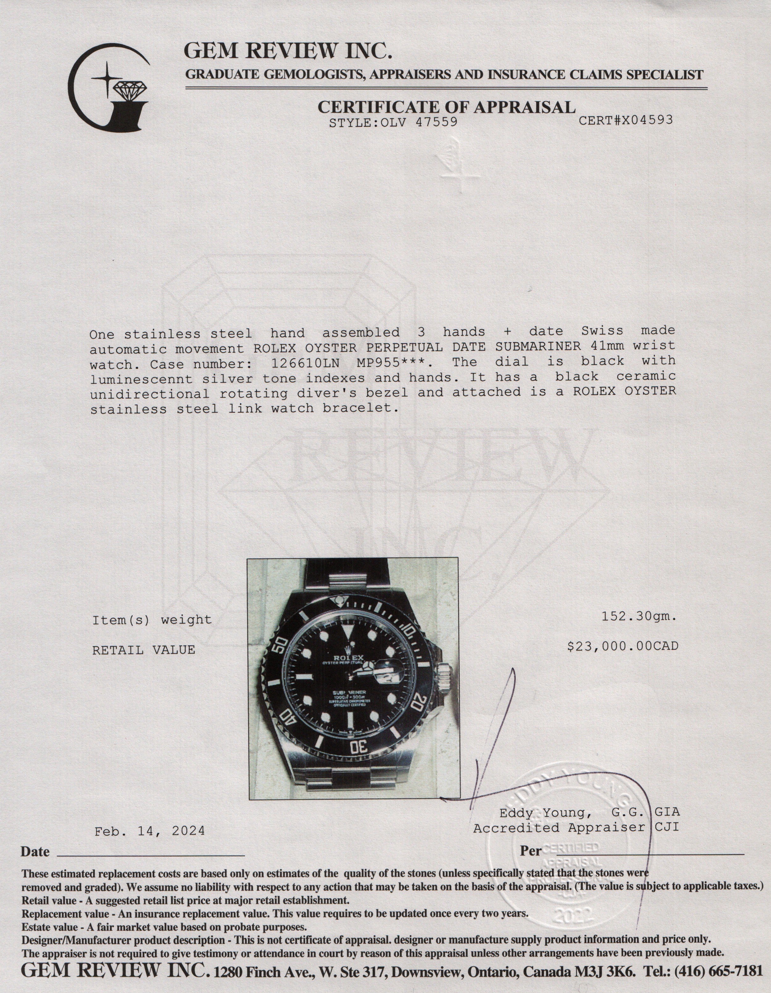 Rolex Stainless Steel Submariner Date 41 MM Automatic Watch w/ Box, Receipt & Papers
